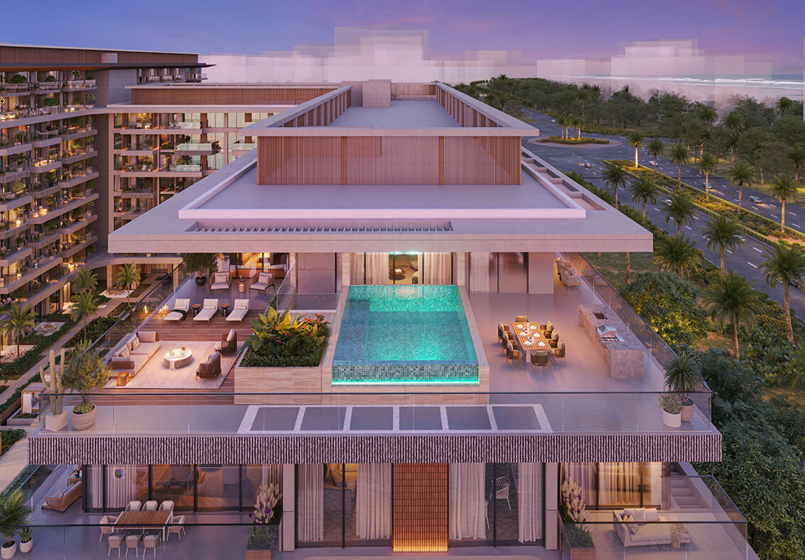 Overhead perspective of Ellington Sands resort, highlighting the oceanfront and vibrant landscape in Thailand.