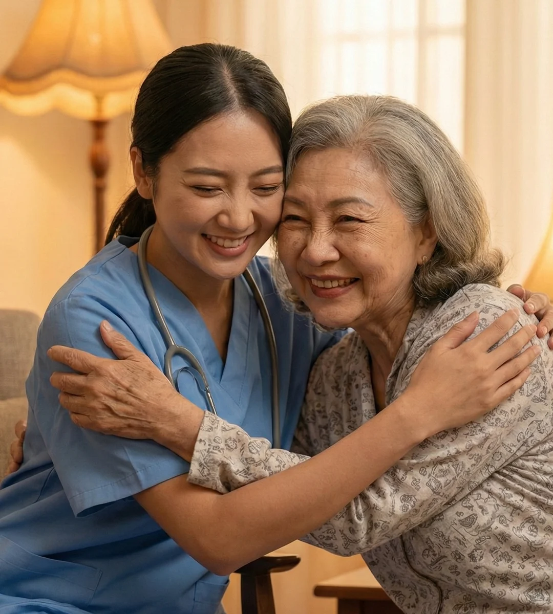 護理師在居家環境中與長者溫暖擁抱，展現貼心陪伴與情感支持。畫面呈現高品質長照服務、人性化照護與安心互動，強調陪伴照護在長者身心健康中的重要角色。