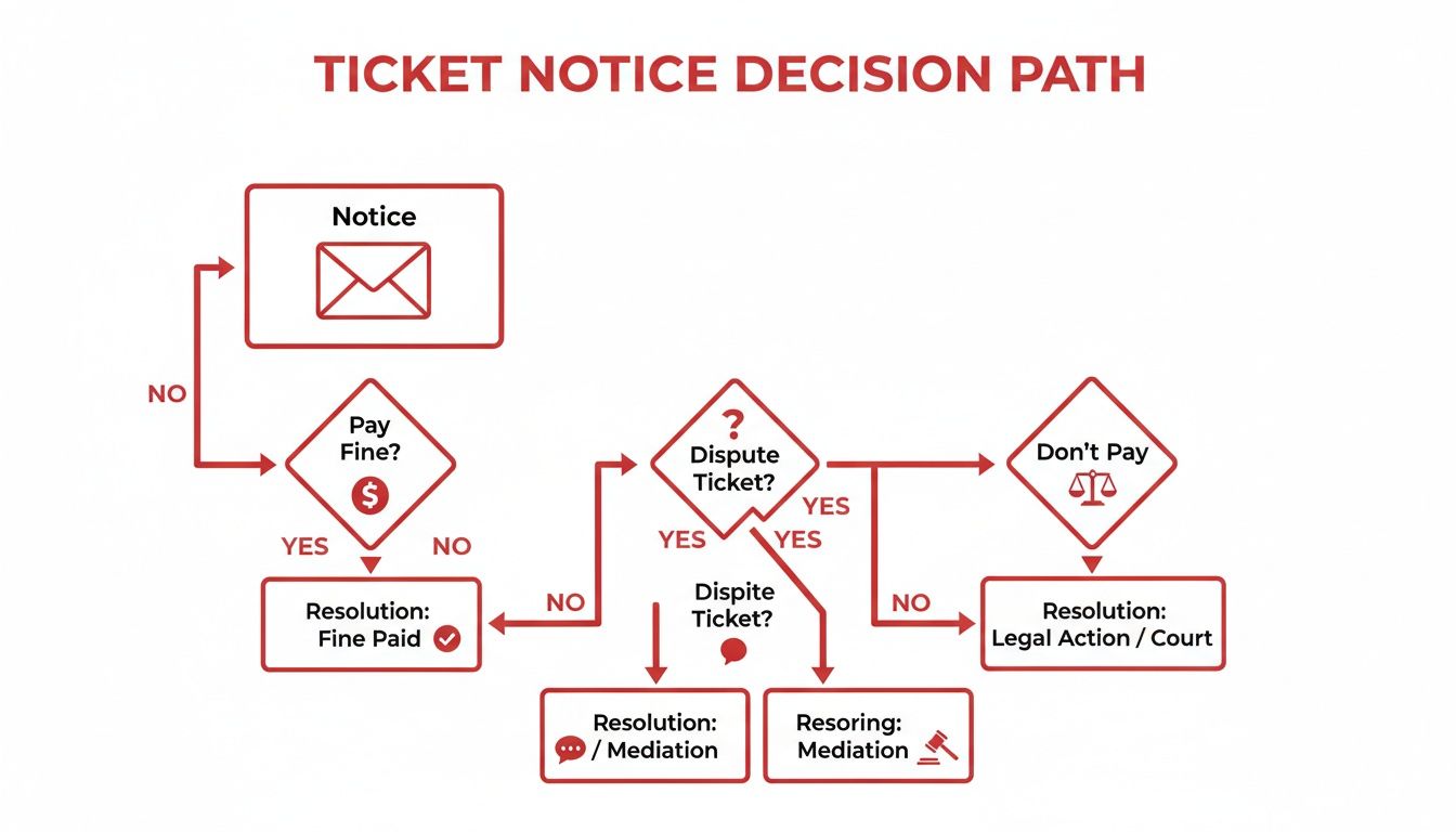 Flowchart illustrating the ticket notice decision path, covering options to pay, dispute, or face legal action.