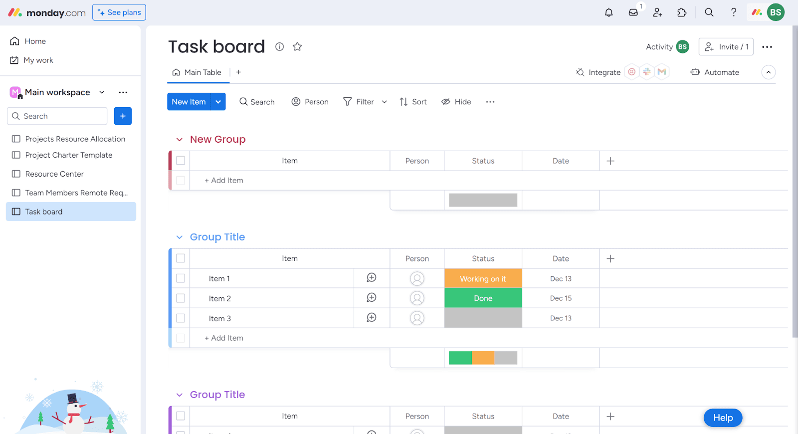 Screenshot of a task board in monday.com