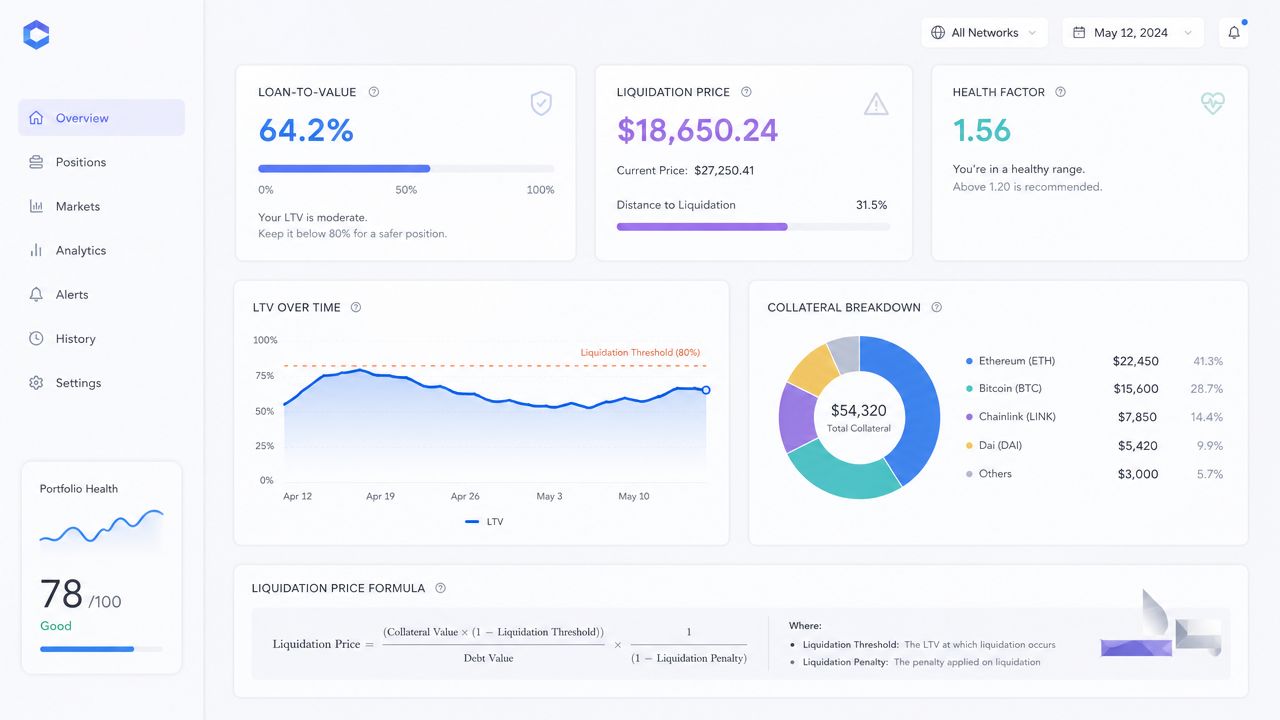 A financial dashboard display showing crypto portfolio health, loan-to-value ratio, liquidation metrics, and collateral asset breakdown.