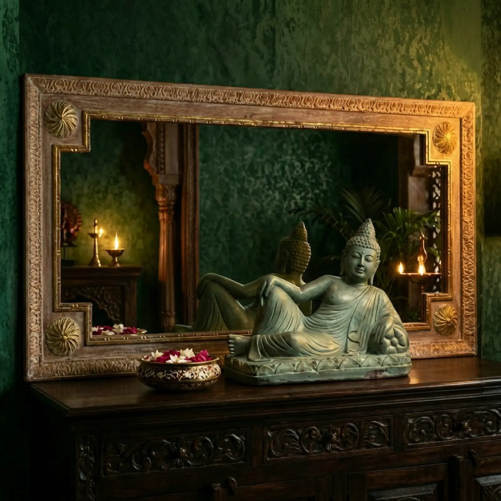 Luxury home decor featuring a reclining Buddha statue styled with an ornate framed mirror