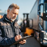 A warehouse manager or logistics specialist in safety workwear is actively unloading packages carefully from a truck or carrying a stack of boxes in a warehouse. The person is intensely focused on handling the goods, not looking at the camera. In the softly blurred background, forklifts, pallets, and stacked freight are visible, illuminated by natural daylight in the warehouse. The image captures an authentic moment of concentrated physical work.
