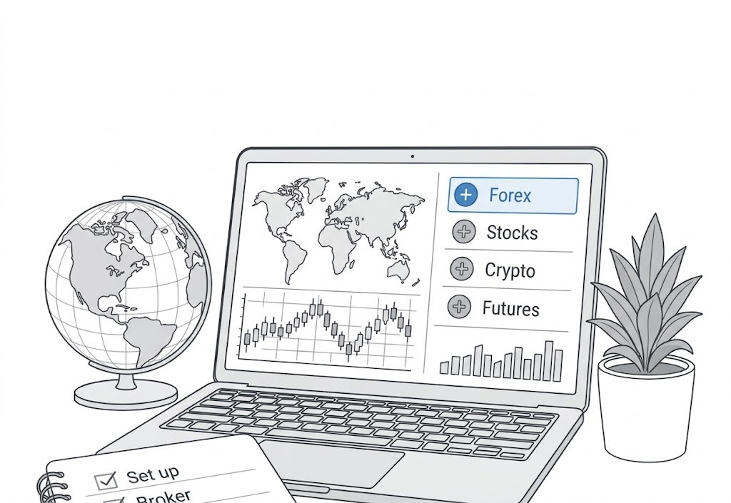Laptop computer with a trading chart and a globe