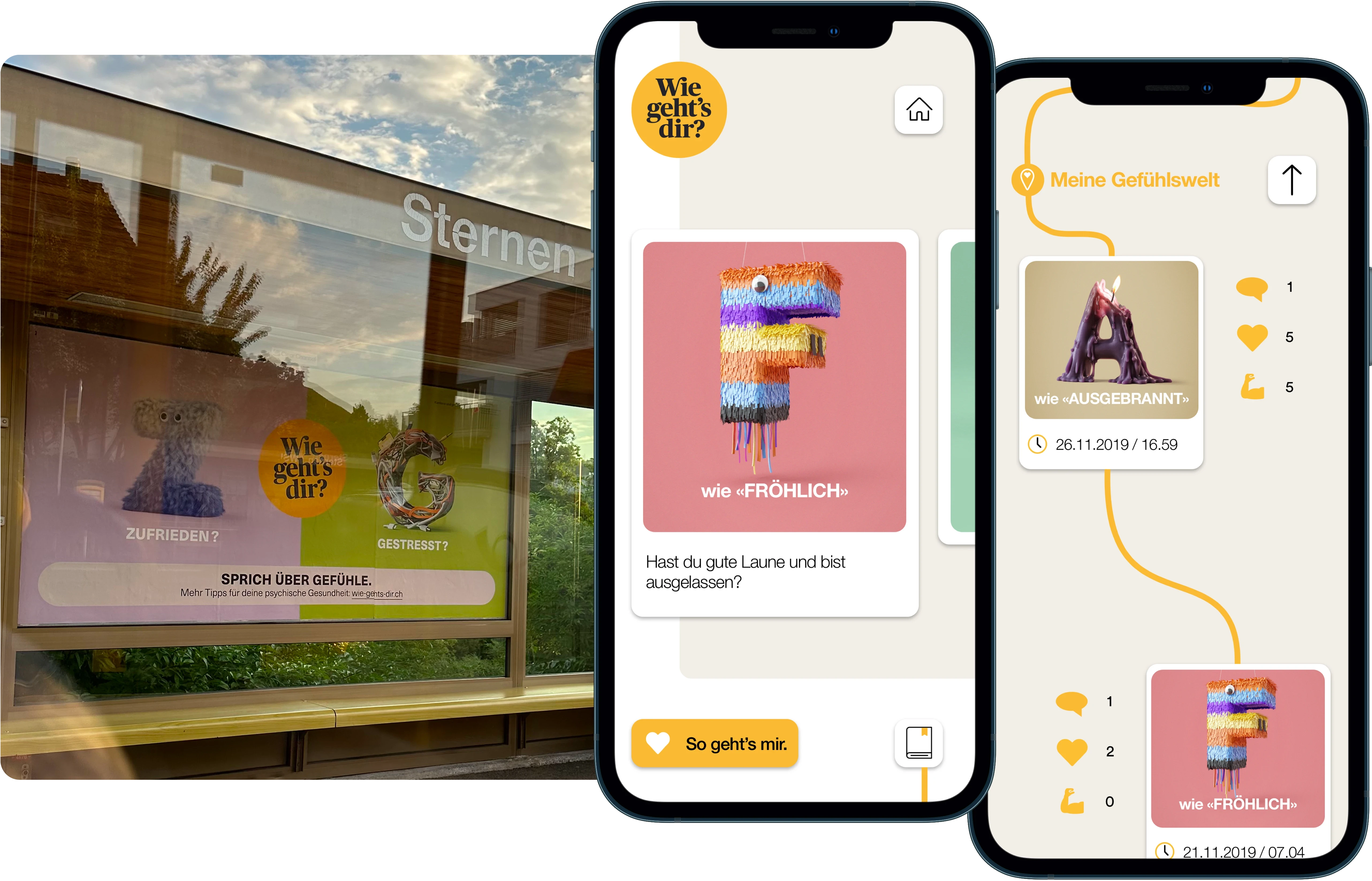 Split screen showing mobile app interface and outdoor advertisement for emotion-tracking wellness platform