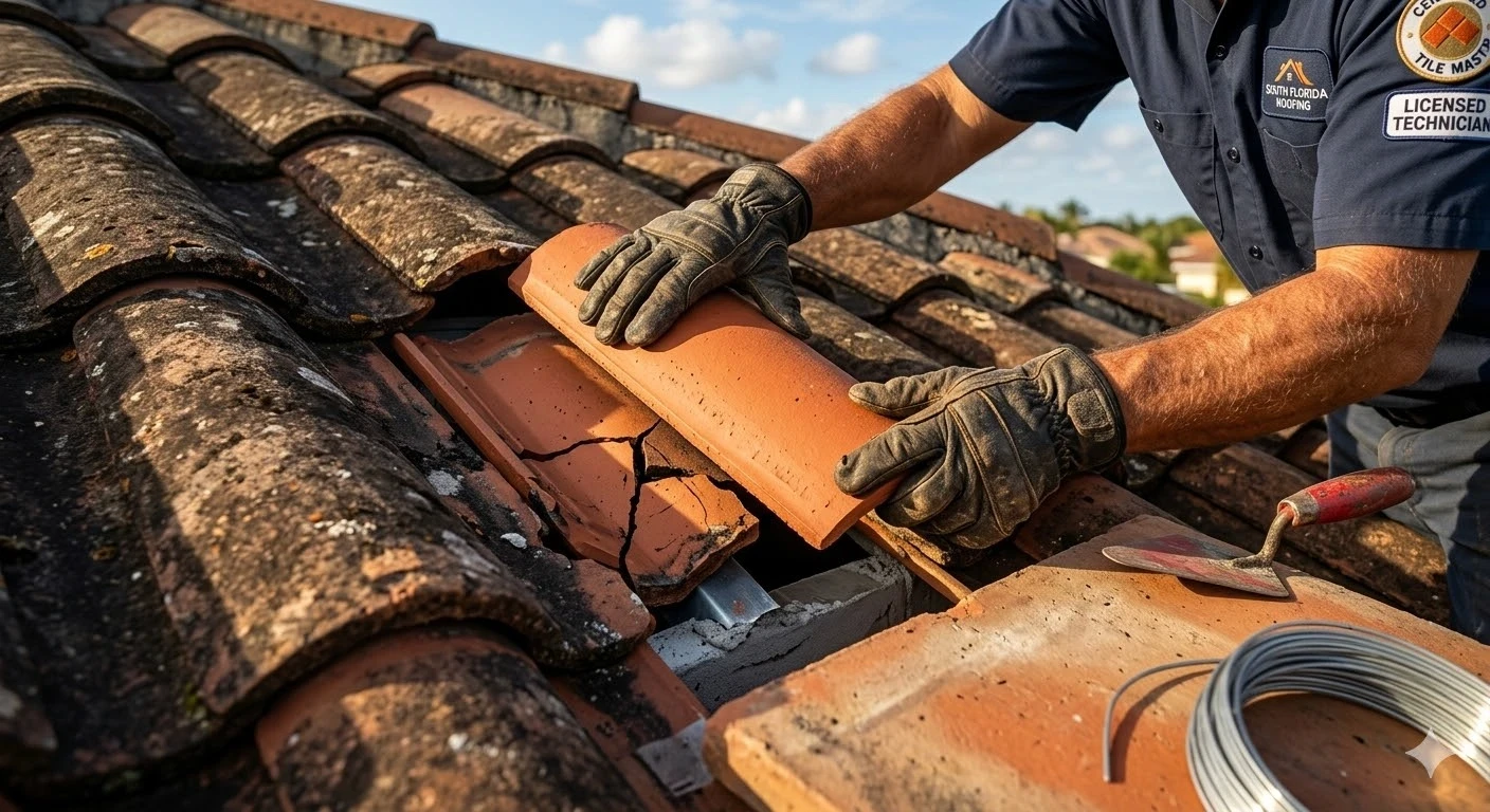 Clay tile roof repair South Florida — specialist replacing cracked barrel tile, Roofing Network licensed contractor
