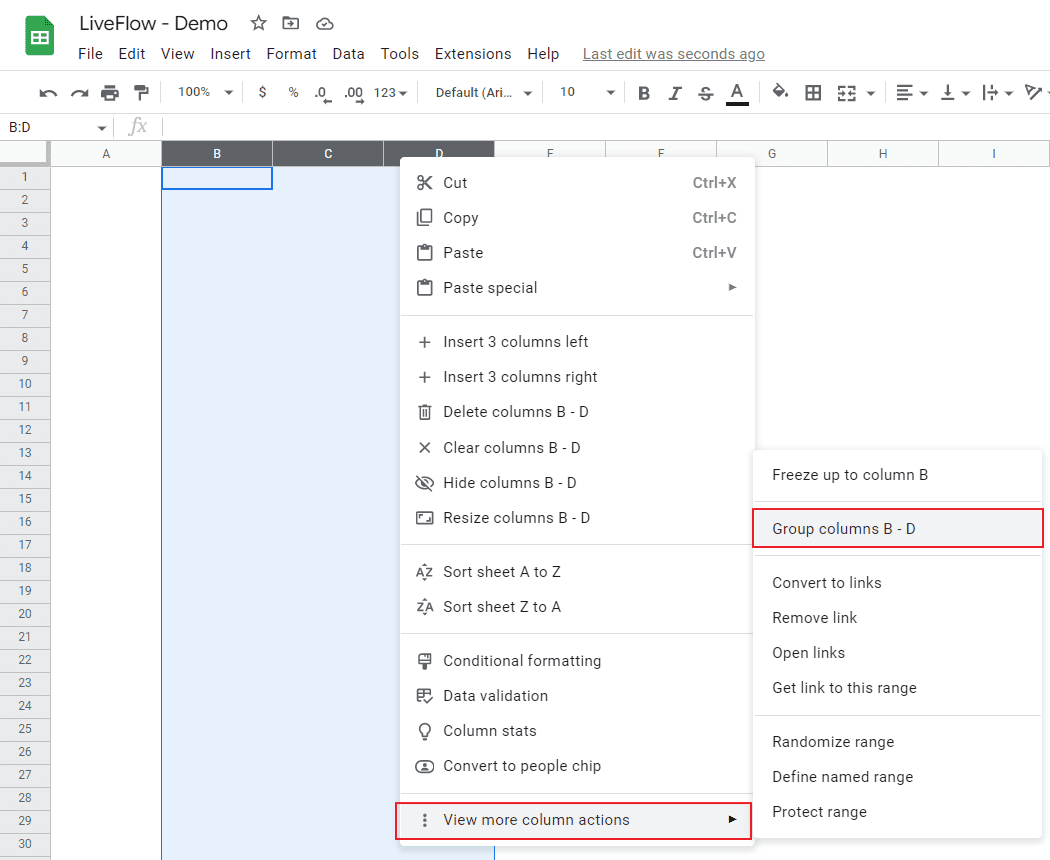 group columns in Google Sheets