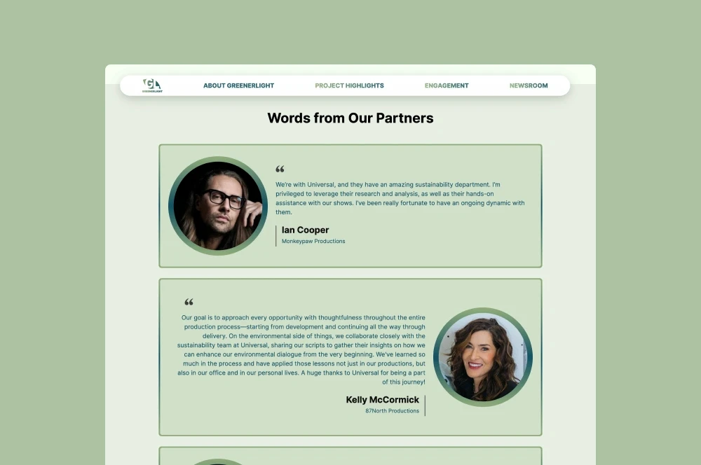 Stacked testimonial cards from production partners under the heading 'Words from Our Partners'.