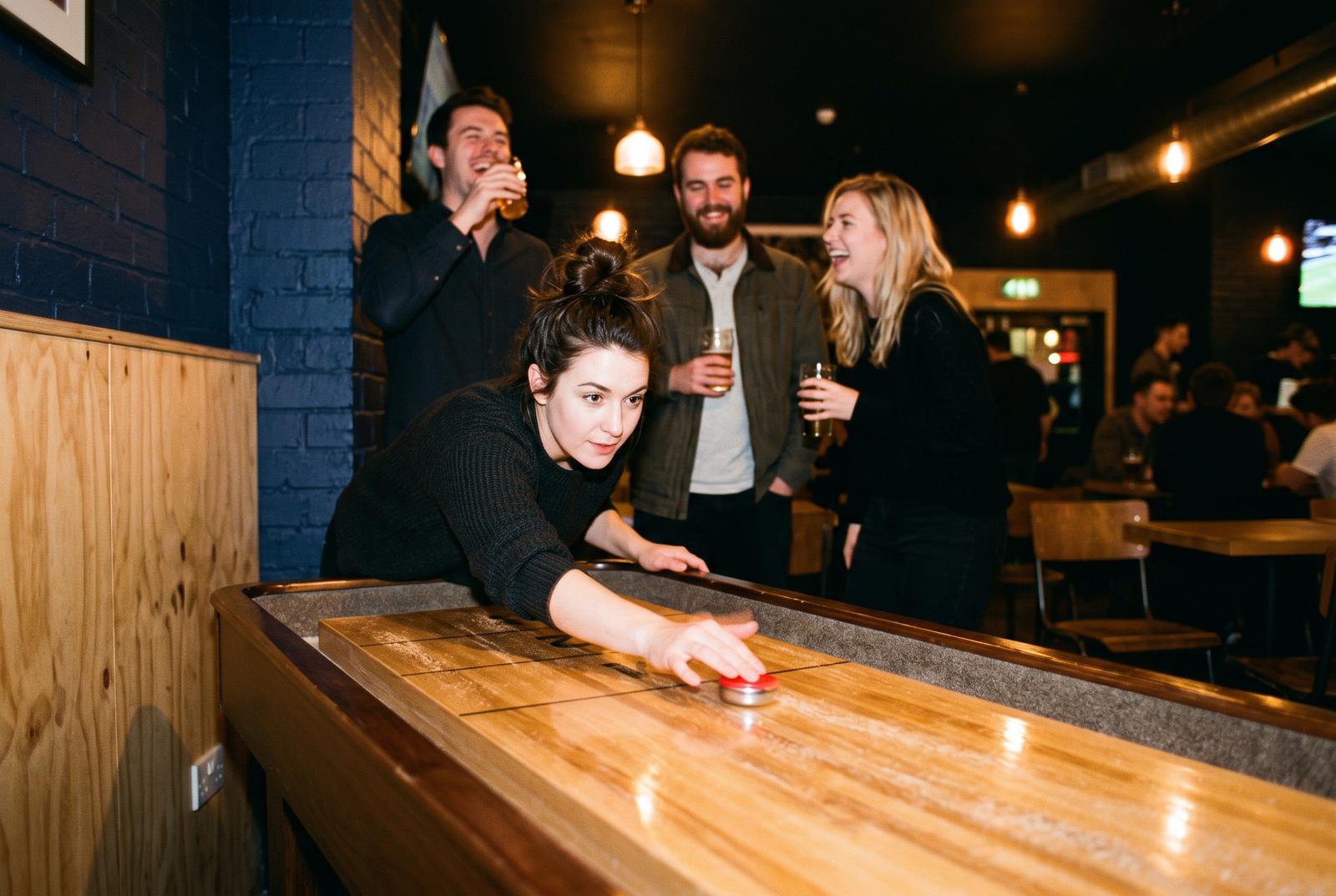 Four friends around a long wooden shuffleboard table, one leaning low to slide a red puck, the others laughing with drinks.