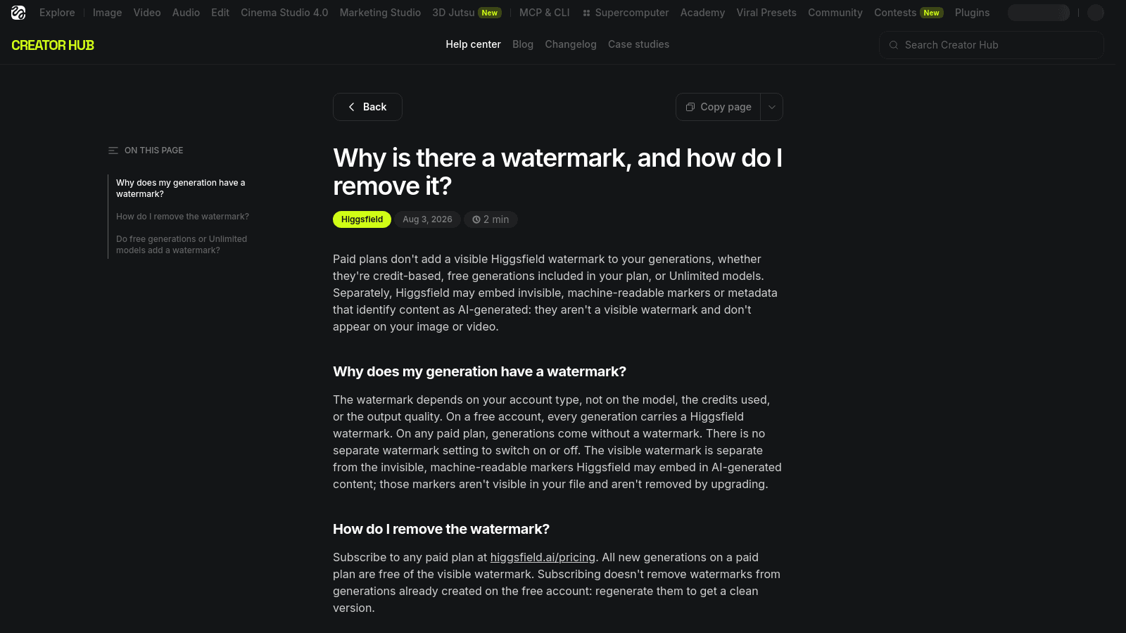 A Higgsfield help center article explaining why generations have watermarks and how to remove them.
