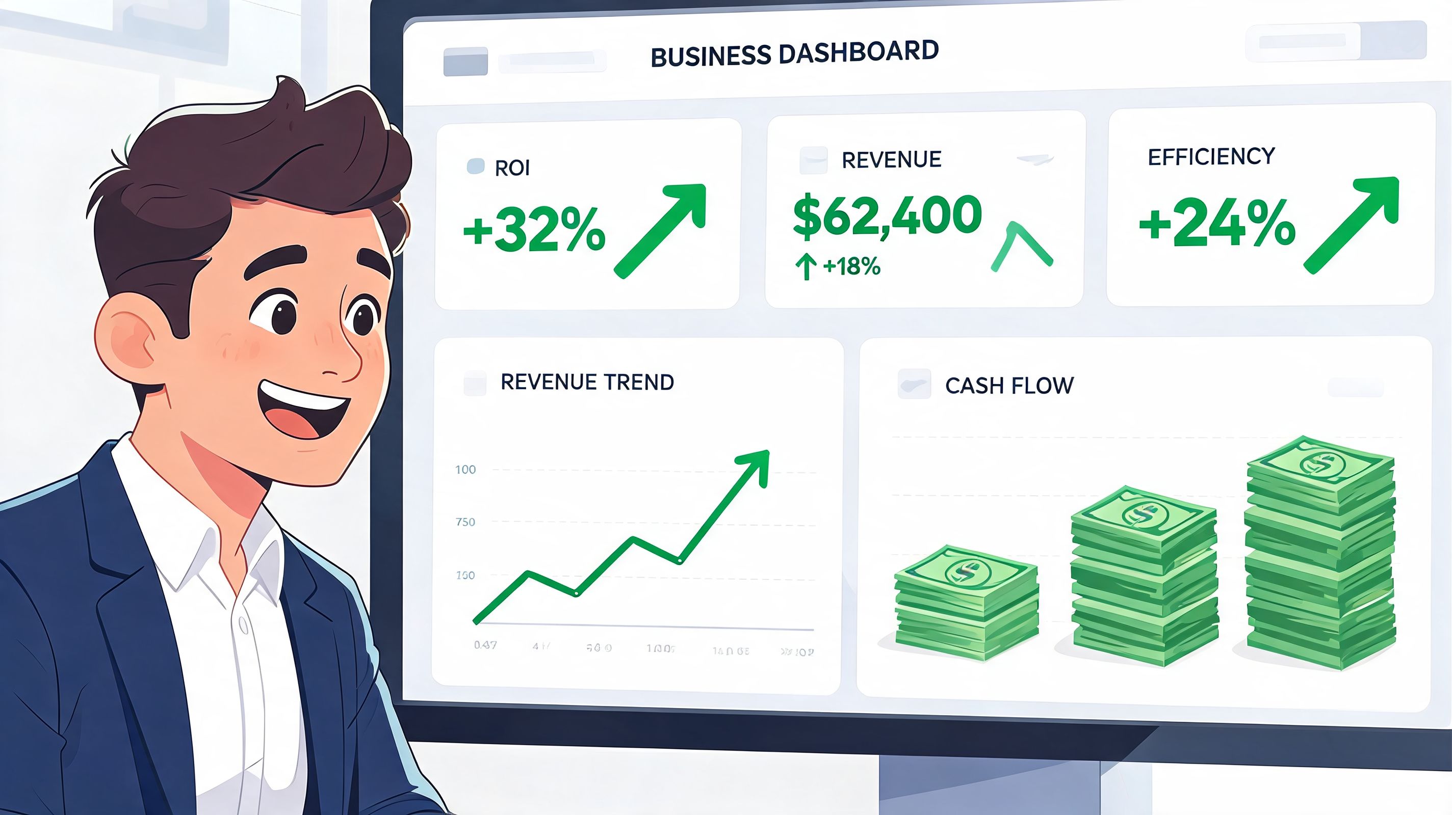 A happy businessman looking at a digital dashboard displaying business growth metrics and financial trends on a screen.