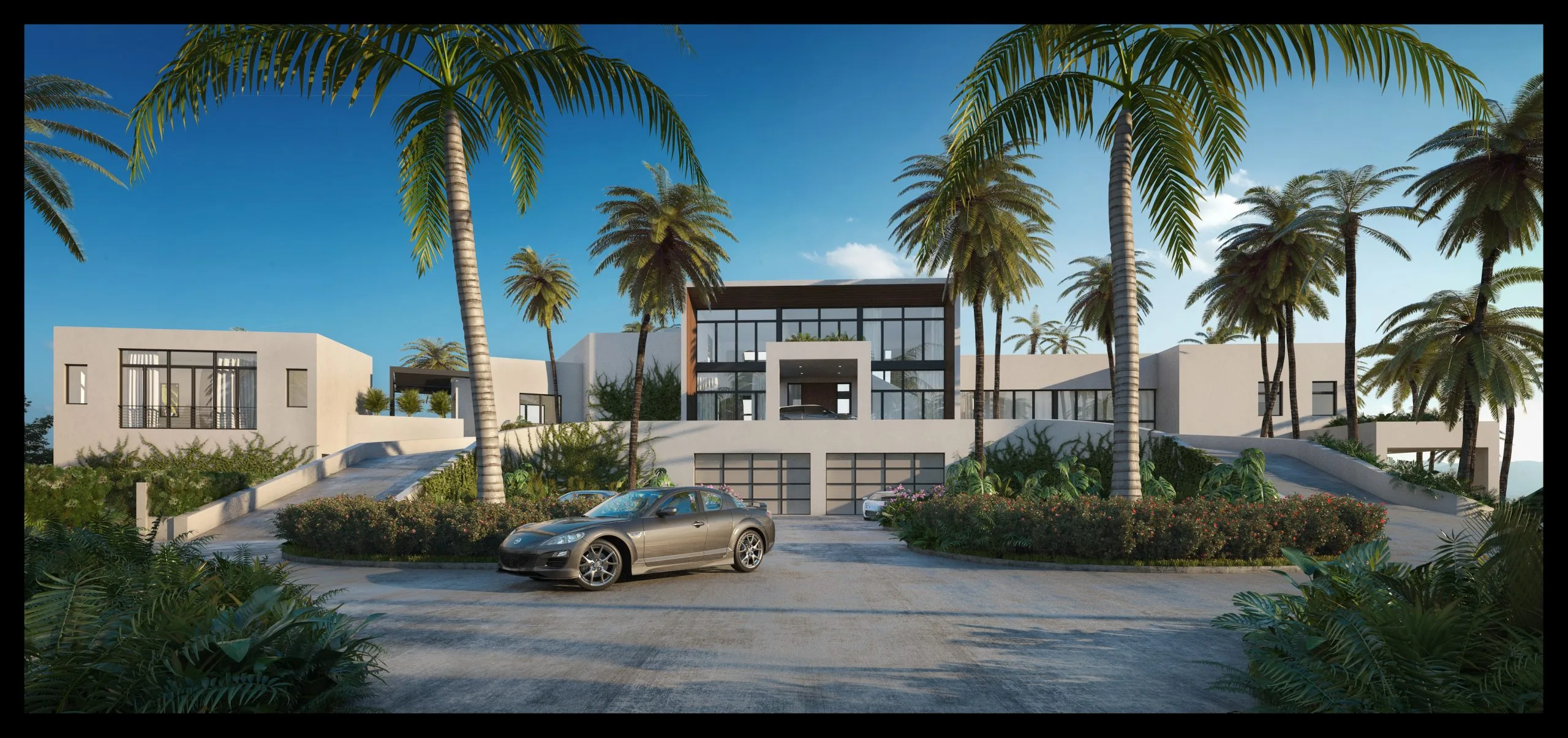 Front entry of luxury hillside estate with double garage and palm tree driveway, St. Lucia