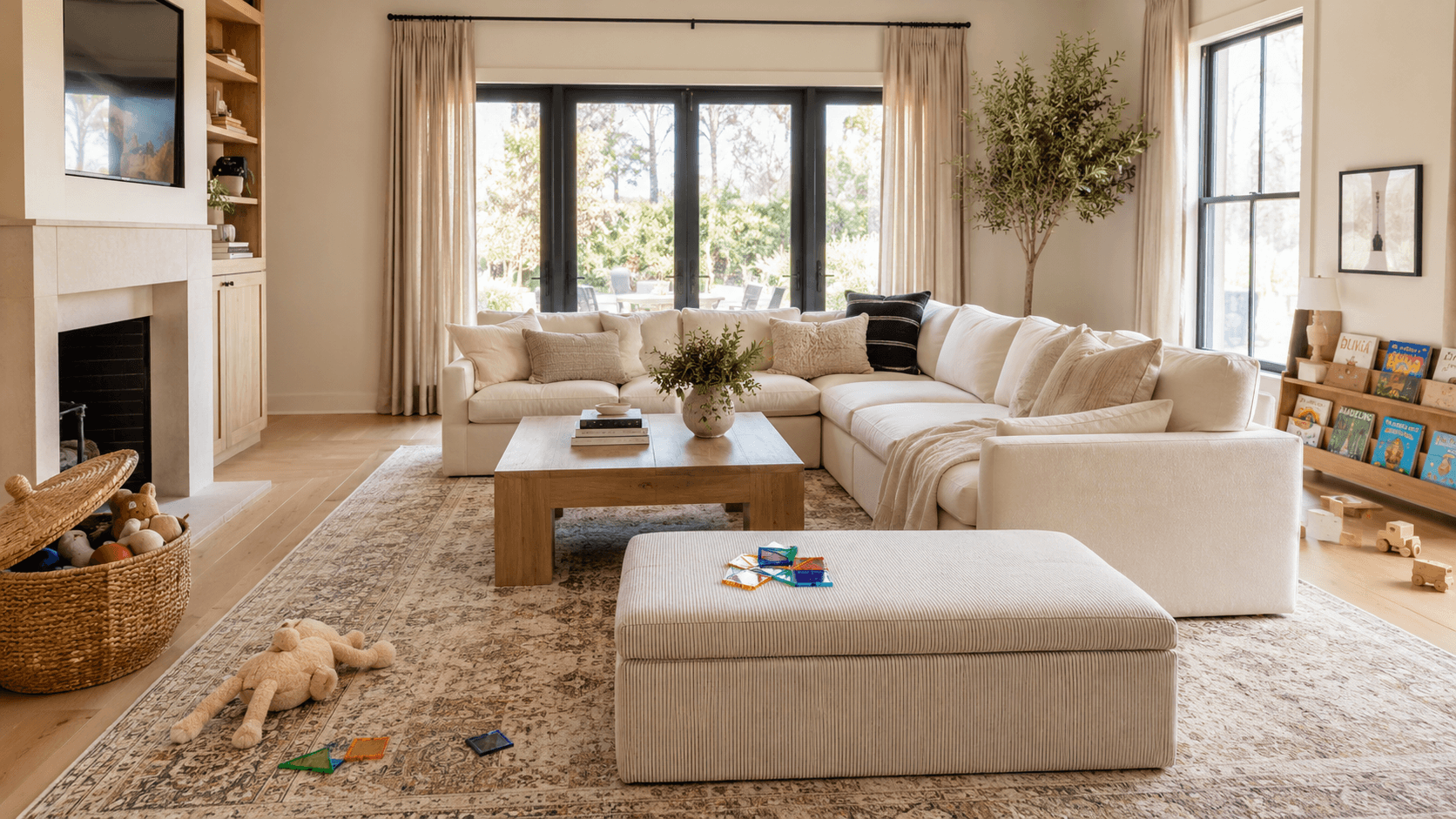 Modern living room with a spacious light-colored sectional sofa, decorative pillows, round wooden coffee table, and gray ottoman, illuminated by natural light from large windows with a scenic landscape view.