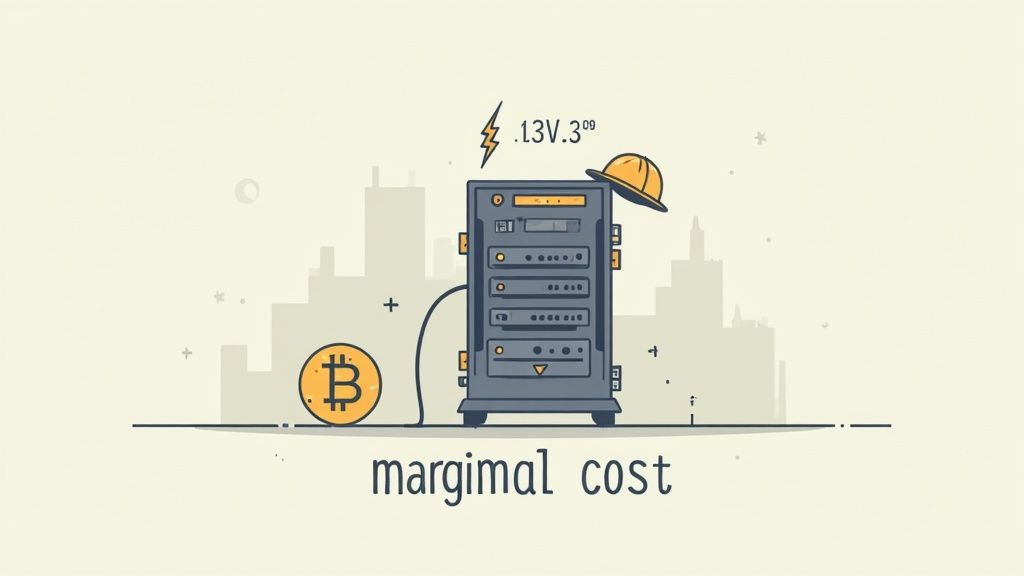 A row of powerful computer servers with glowing lights, illustrating the specialized hardware used in Bitcoin mining.