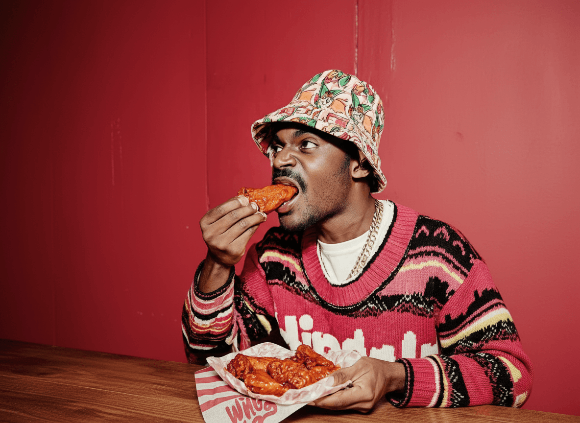 Lifestyle-Portrait beim Genuss von Buffalo Wings mit buntem Bucket-Hat für authentische Food-Kampagne