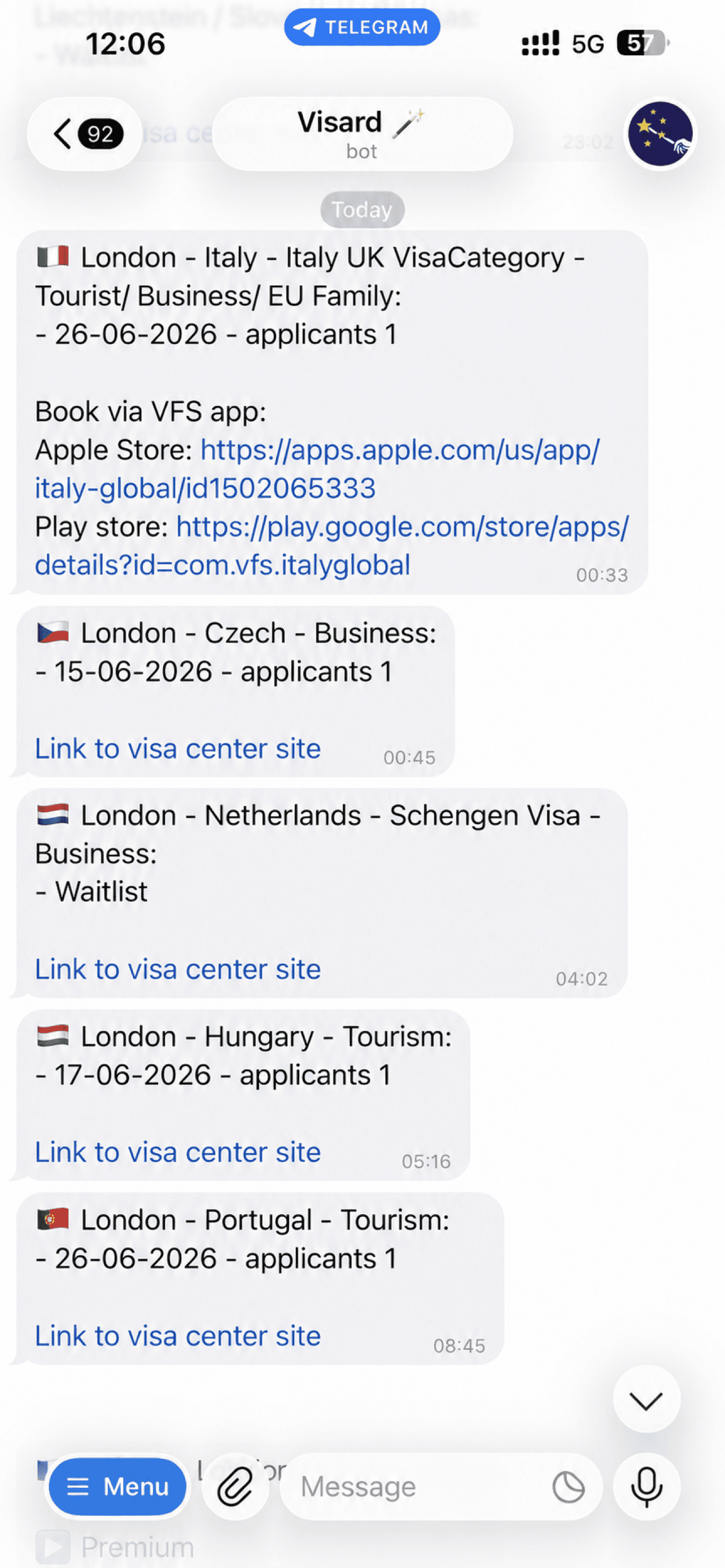 Real Visard Telegram alert feed for London Schengen routes: Italy, Czech Republic, Netherlands, Hungary, Portugal