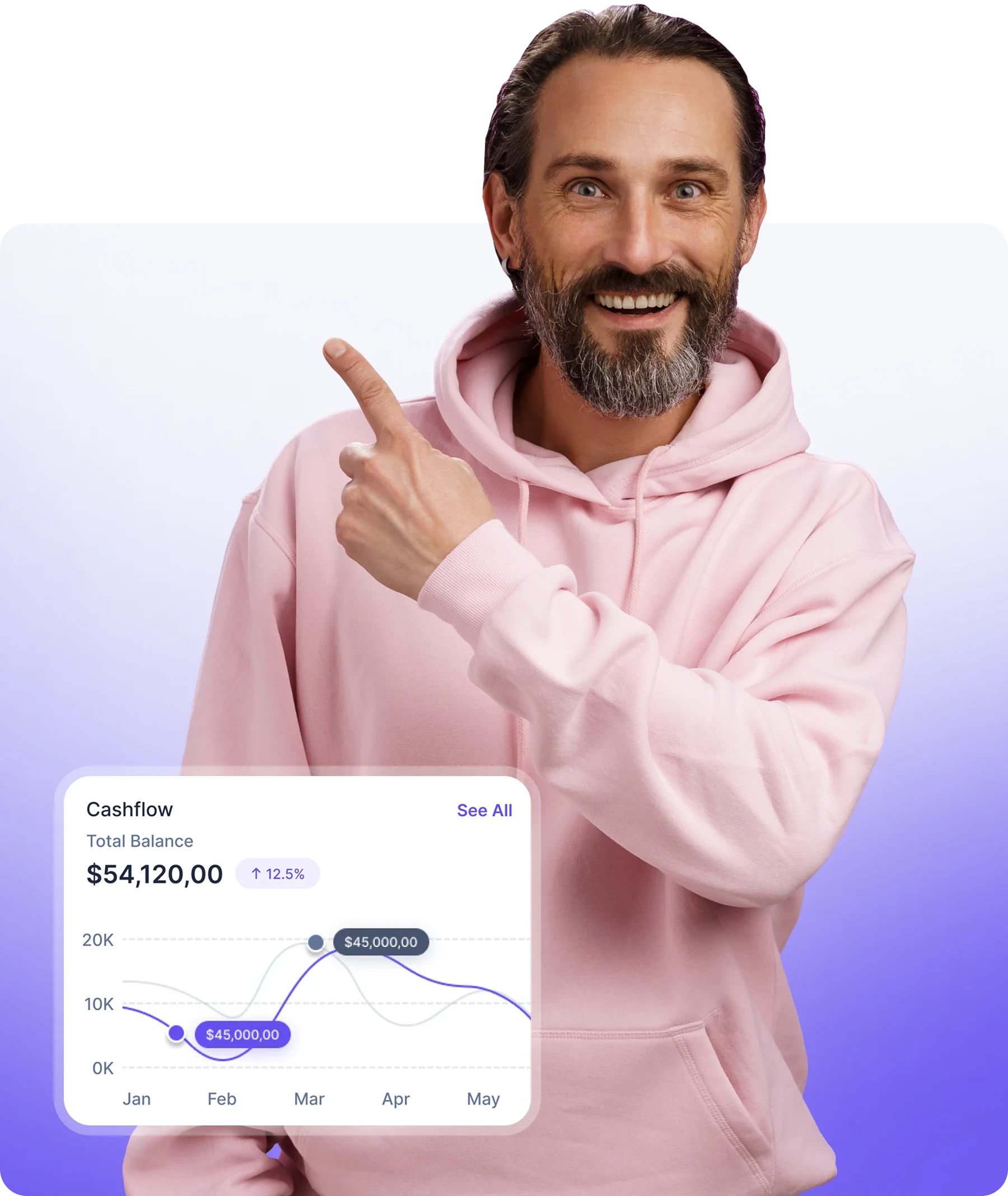 Fintech hero visual showing user checking account balance inside Verity platform.