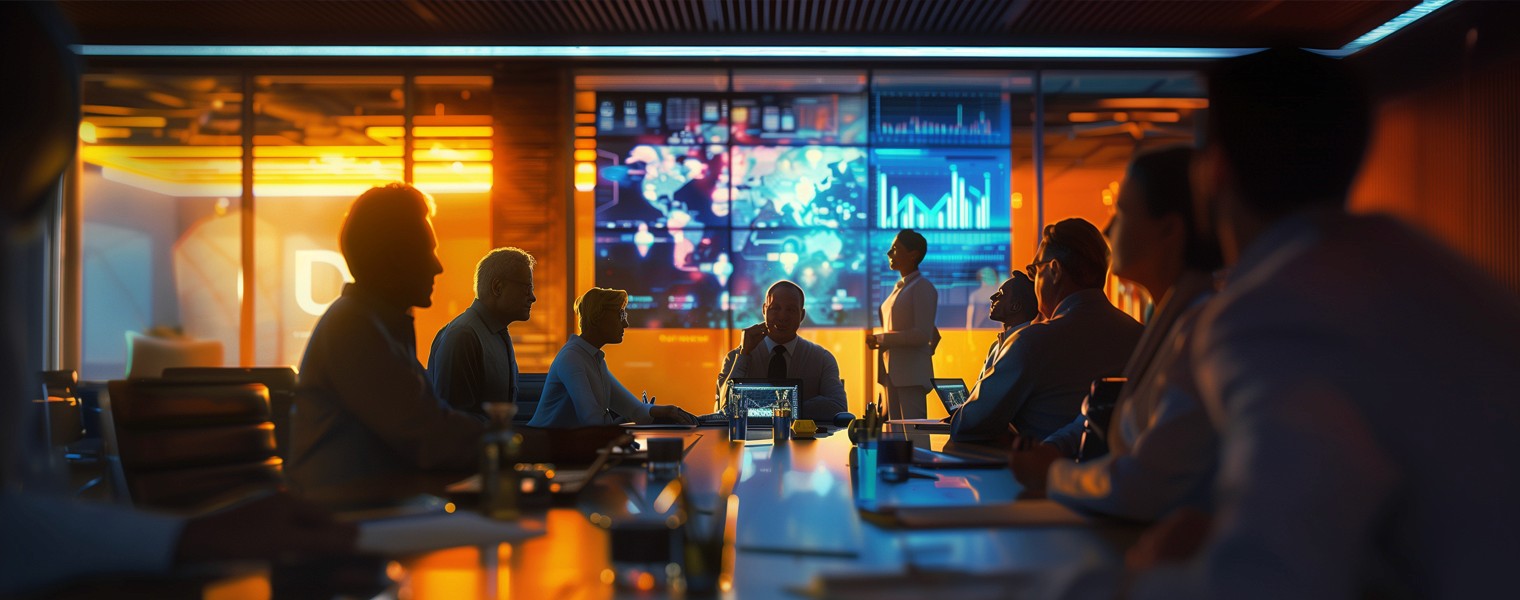 Global executives work after hours in a crowded conference room, discussing the Google A2A protocol.