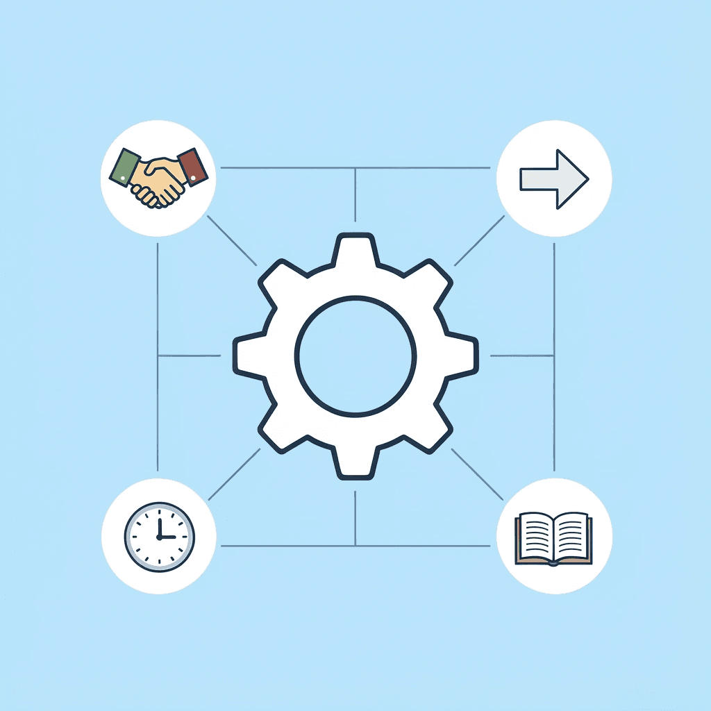 Central tool icon connected to workflow, team capabilities, features, and integration points