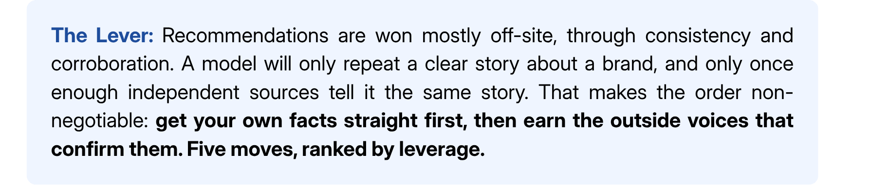 AI recommendations are won off-site: get your own brand facts consistent first, then earn independent sources that confirm them.
