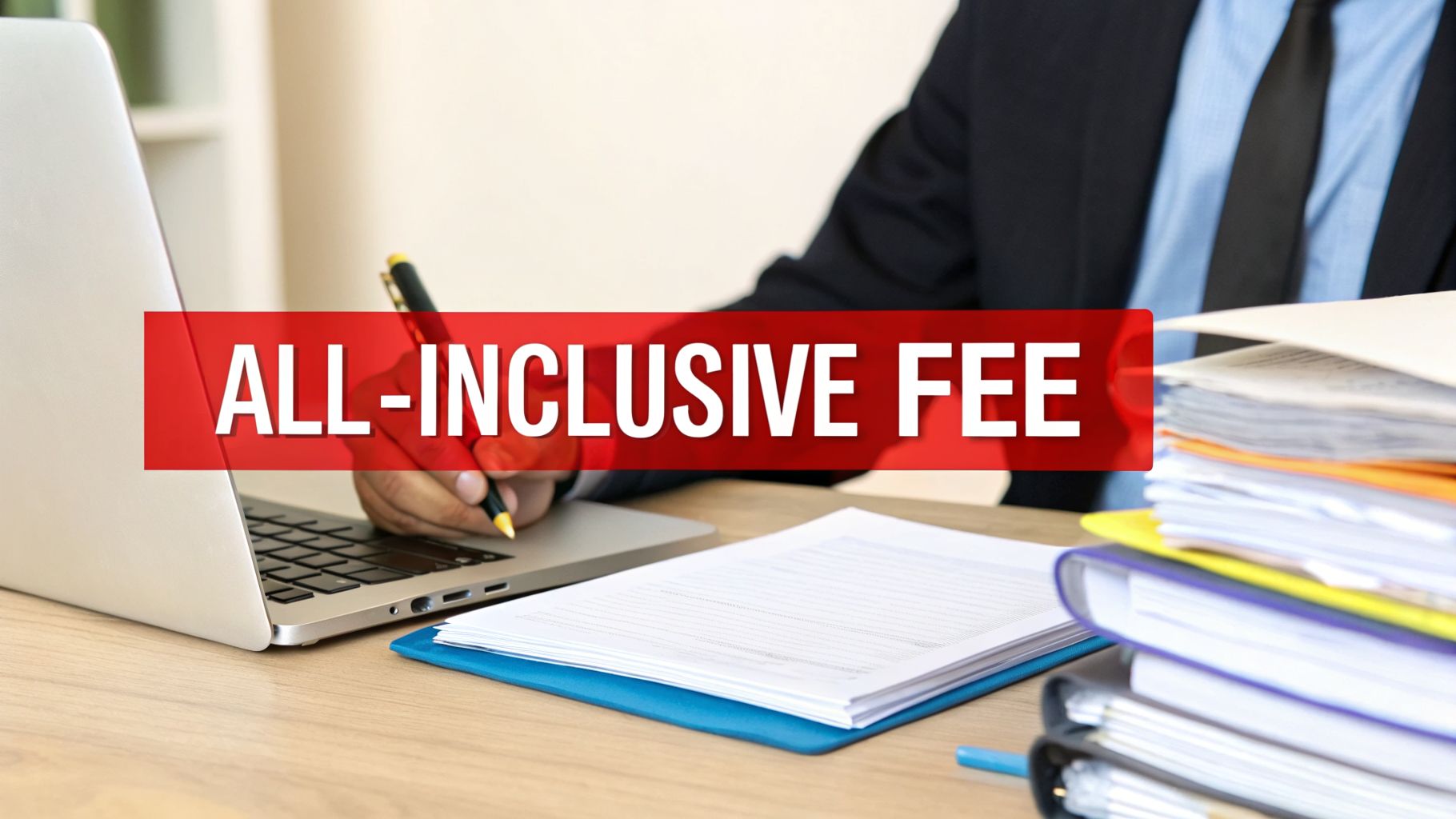 A person in a suit signing documents at a desk with a laptop, showing 'ALL-INCLUSIVE FEE' text.