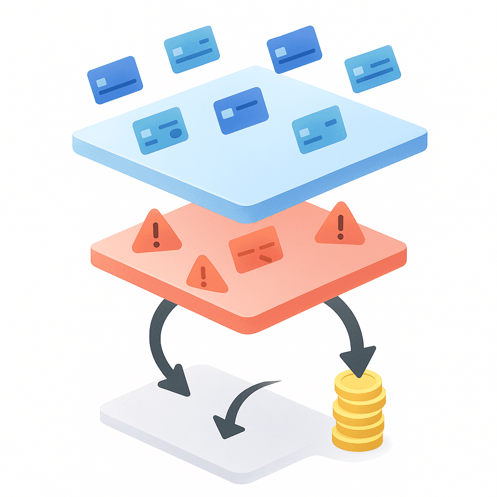 Funnel diagram of transaction attempts, declined payments, and recoverable revenue in high-volume payments