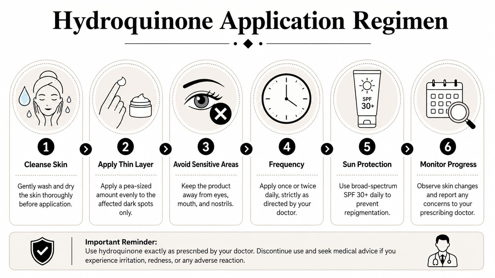 An infographic illustrating a six-step hydroquinone application regimen for treating dark spots on the skin.