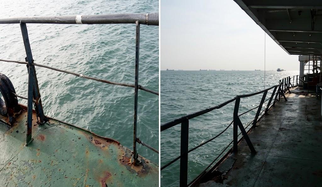 Parted and dented railing at stbd side — Before repair.