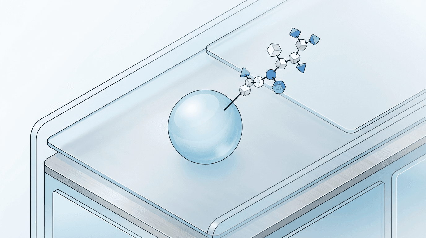 Illustration of a solid-phase peptide synthesis resin bead with a molecular structure attached on a laboratory surface
