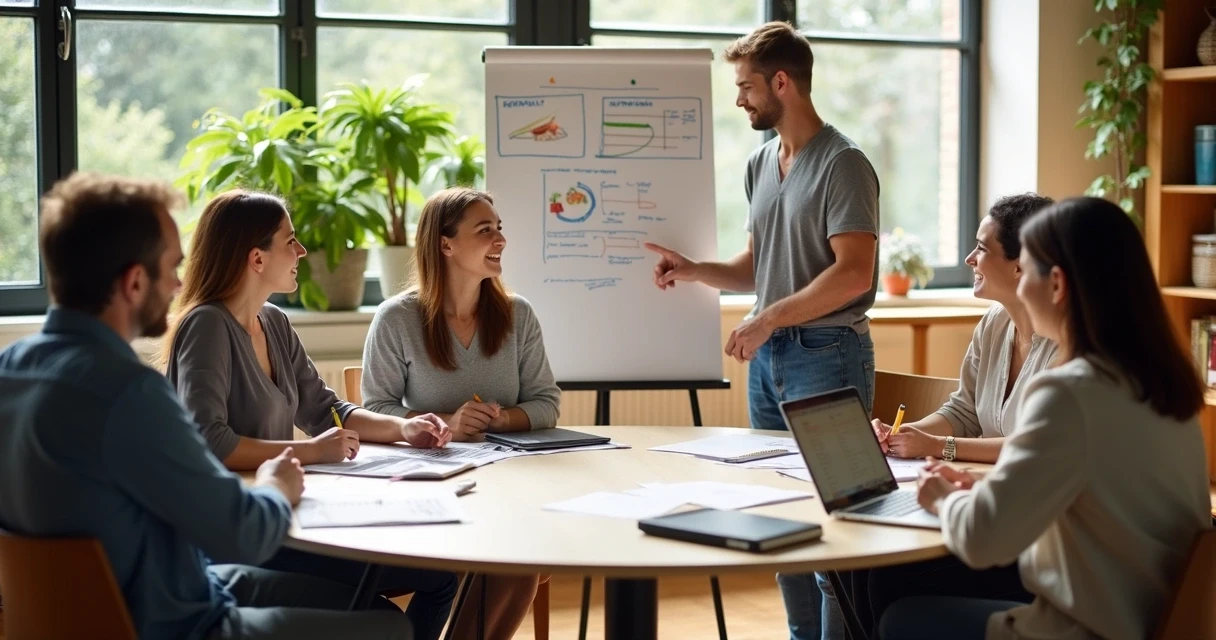 Nutricionista participando de mentoria em grupo em consultório moderno 