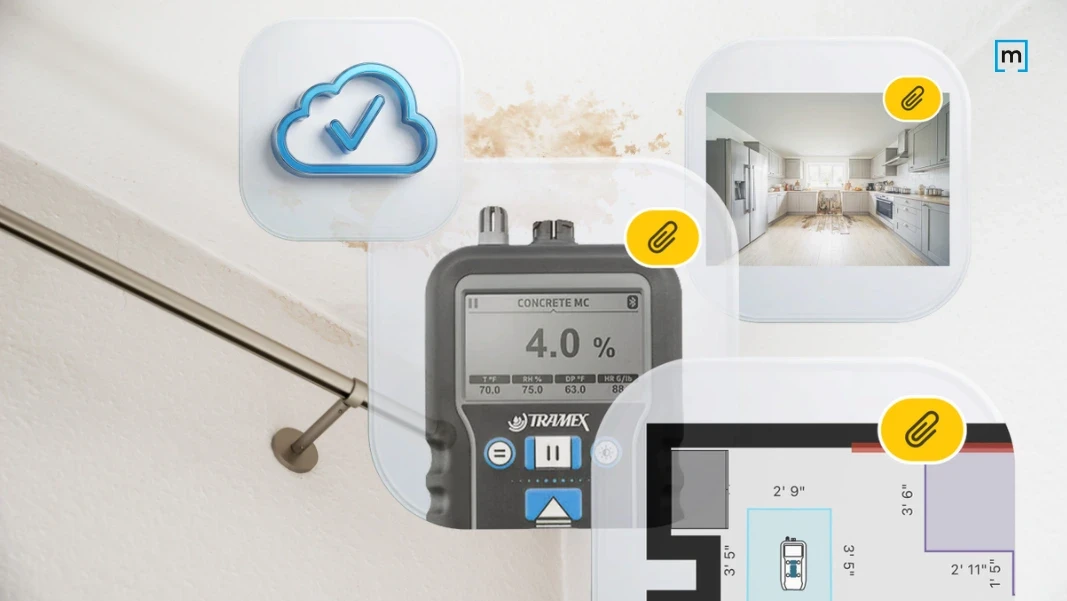tablet showing a moisture meter and a sketch of an apartment