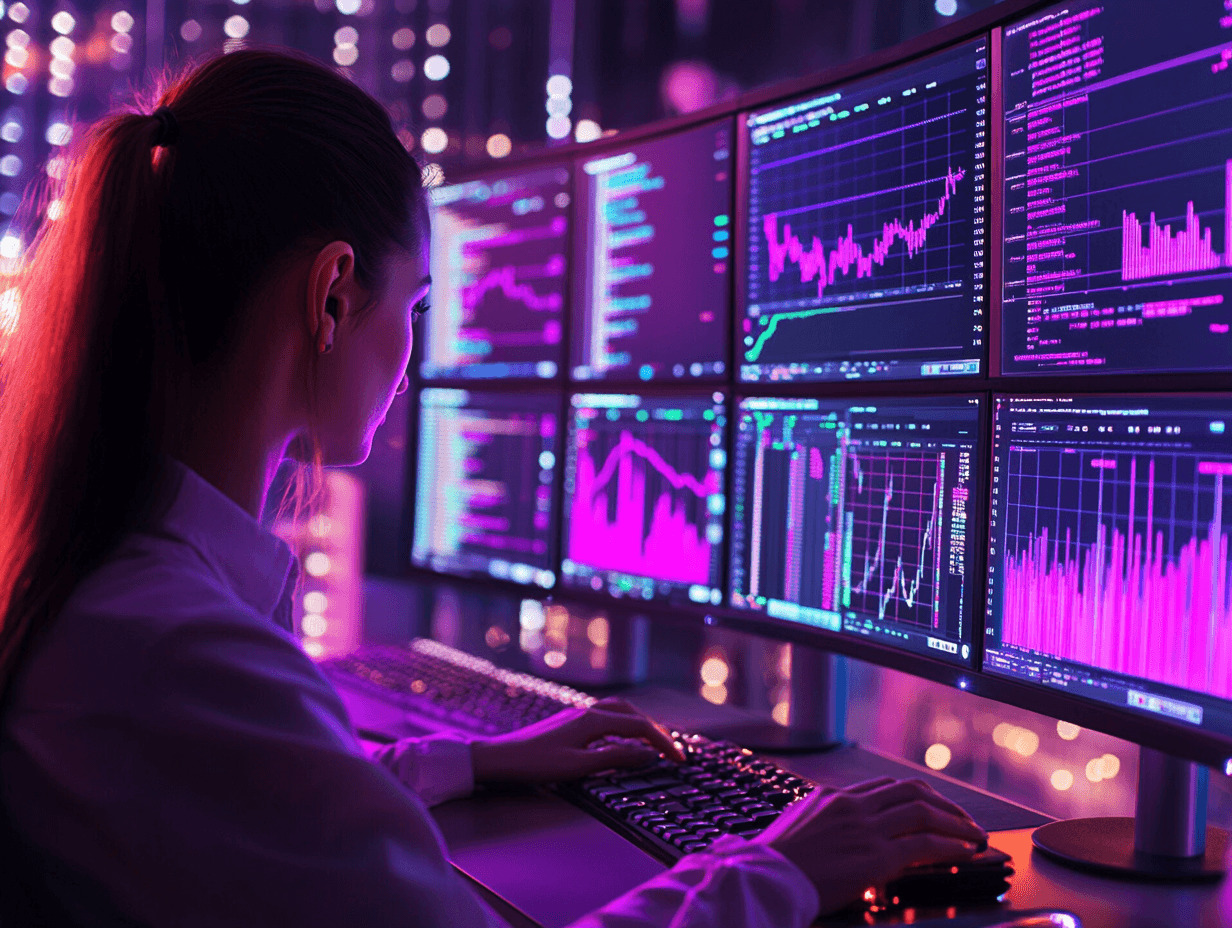 Frau sitzt vor mehreren Bildschirmen zur KI-gestützten Datenanalyse