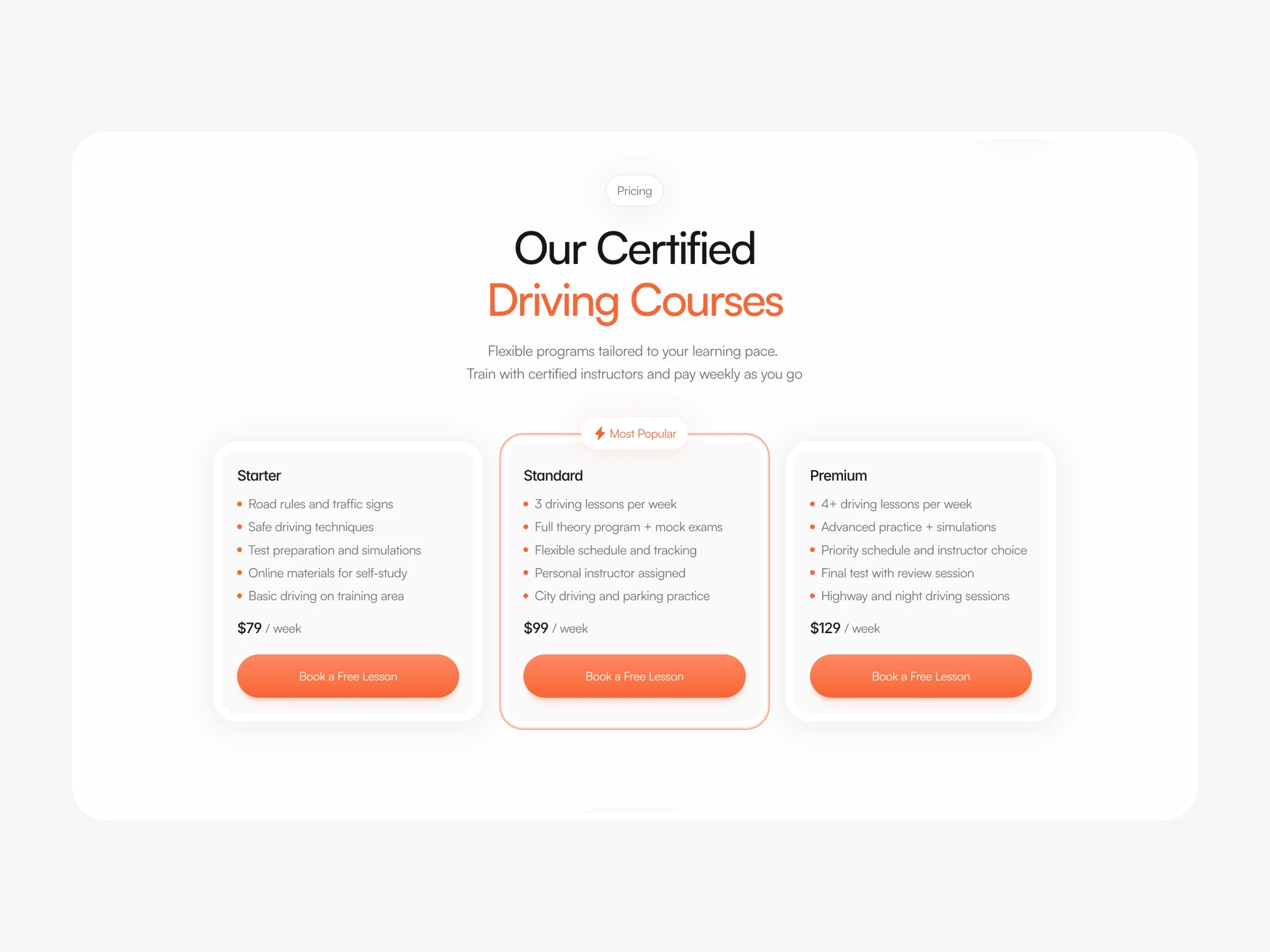 Driving school website template course pricing and lesson packages