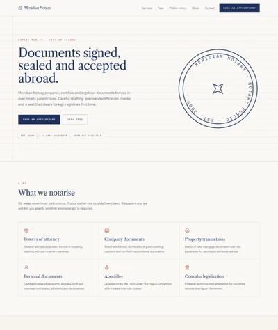 Notary website built with AI showing a document-style hero with a rotating seal and a grid of notarised document types