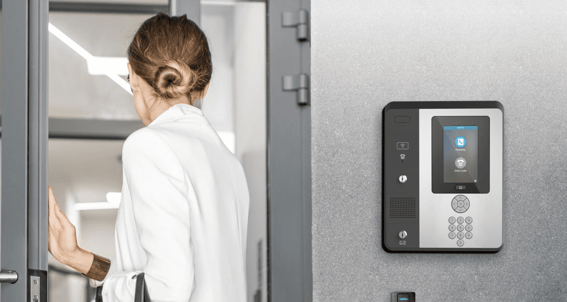 Intercom and woman at door