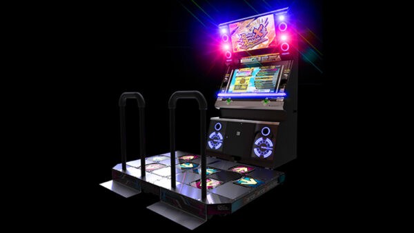 A 3D rendered image of a dancing arcade game