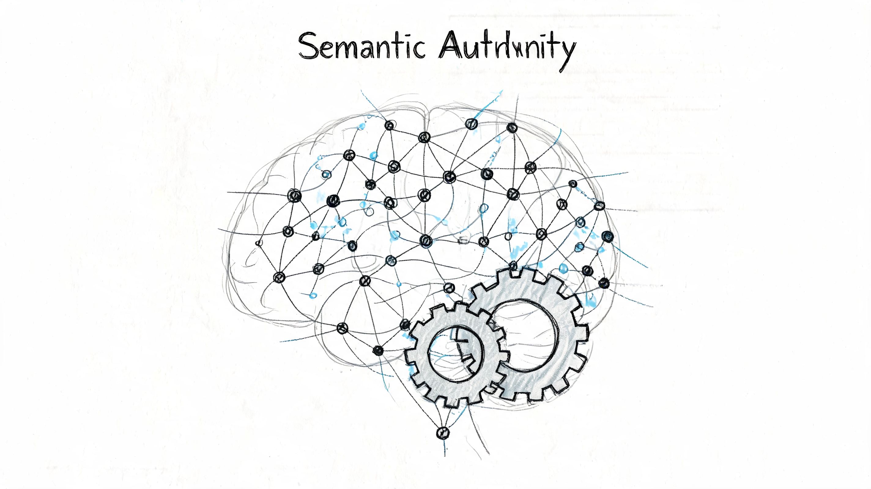 A hand-drawn sketch of a human brain with a neural network and mechanical gears inside.