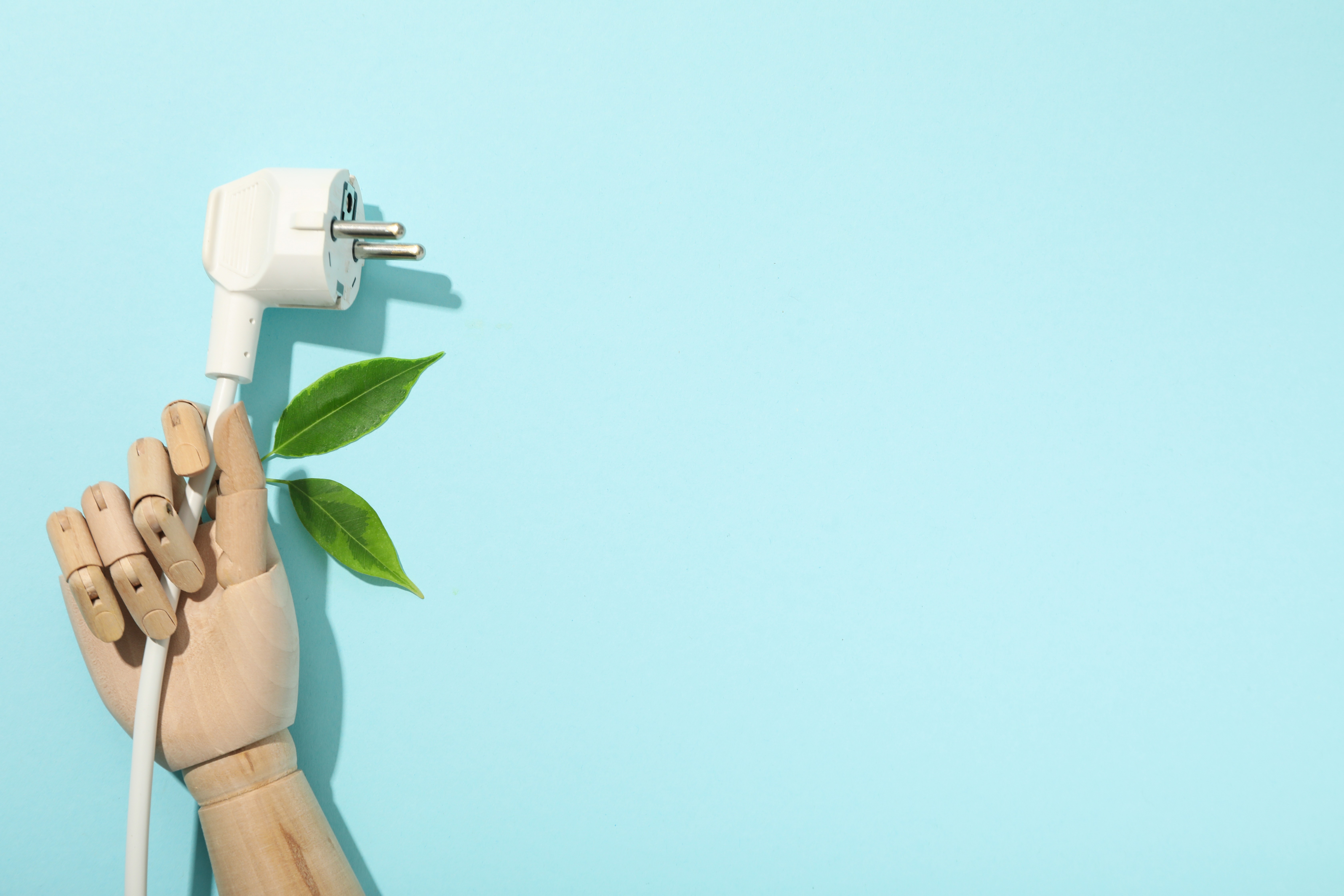 wooden hand holding a plug on a blue background