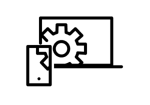 Line drawing of gears on a laptop and mobile screen