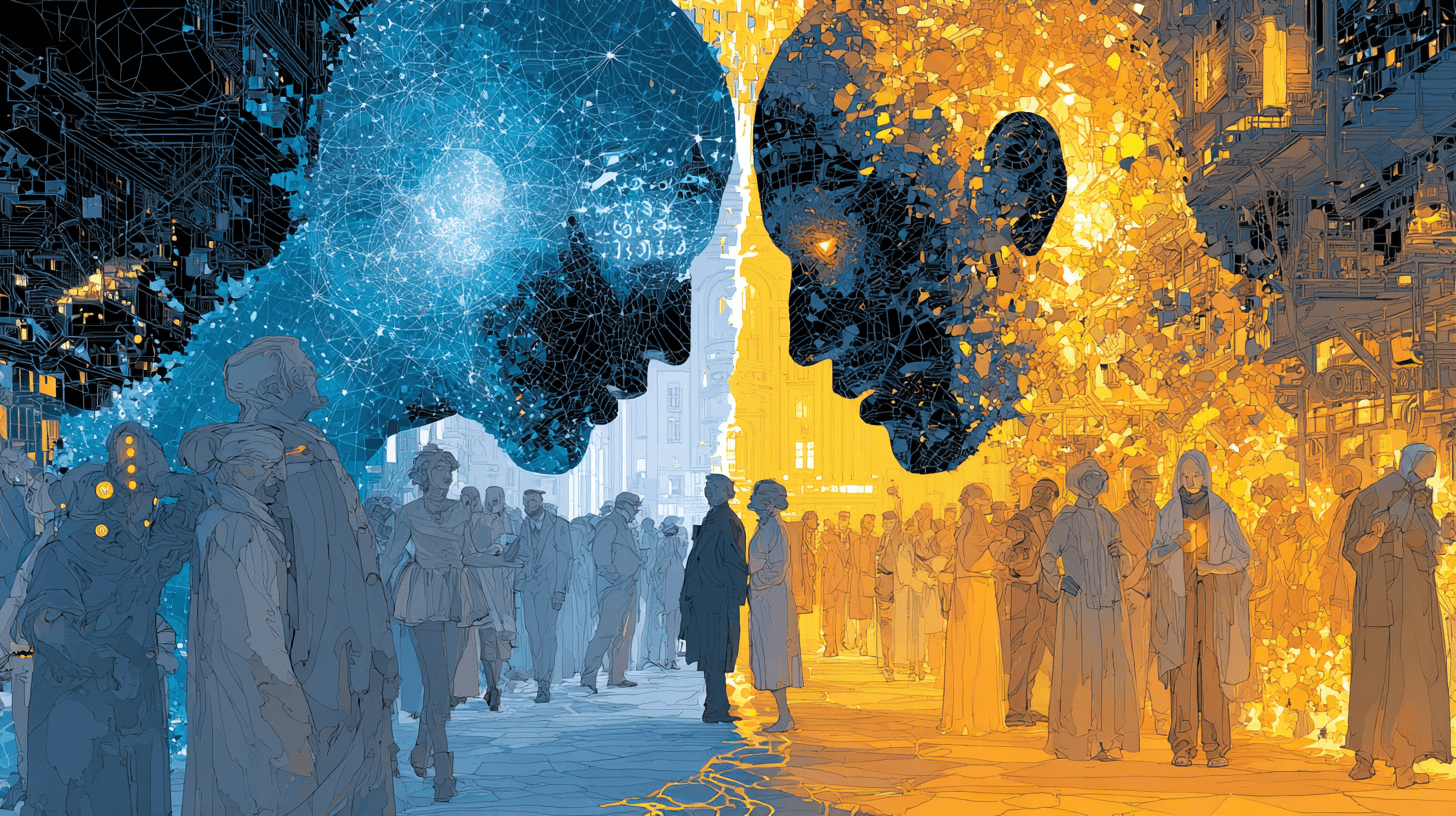 Futuristic visualization of the internet's bifurcation. Left side represents the Agentic Layer with glowing AI agents, neural networks and structured data. Right side shows the Human Layer with vibrant creativity, emotions and real human connections.