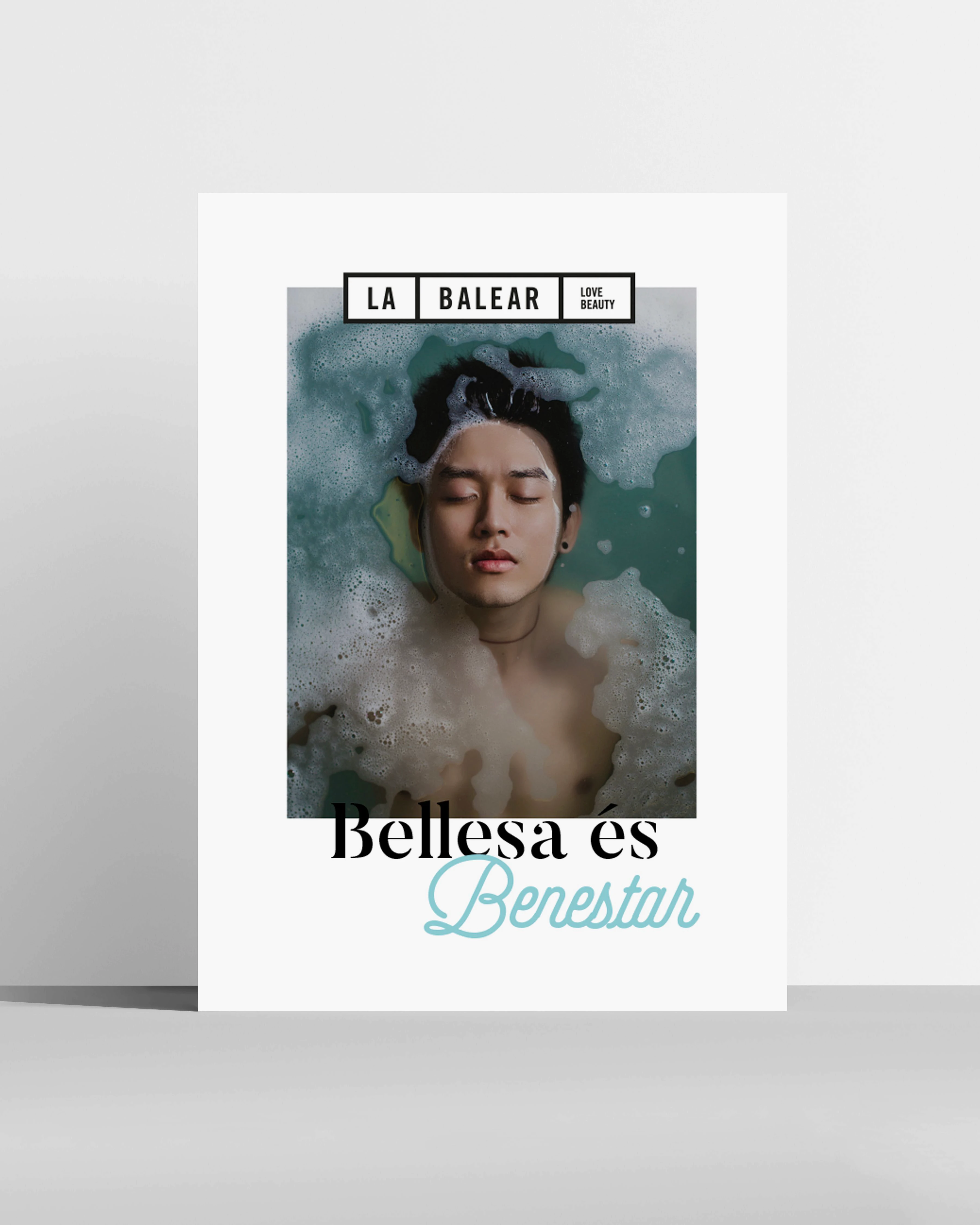 La Balear poster with a woman in water reading 'Bellesa és Benestar', brand identity design by Sebastian Saavedra