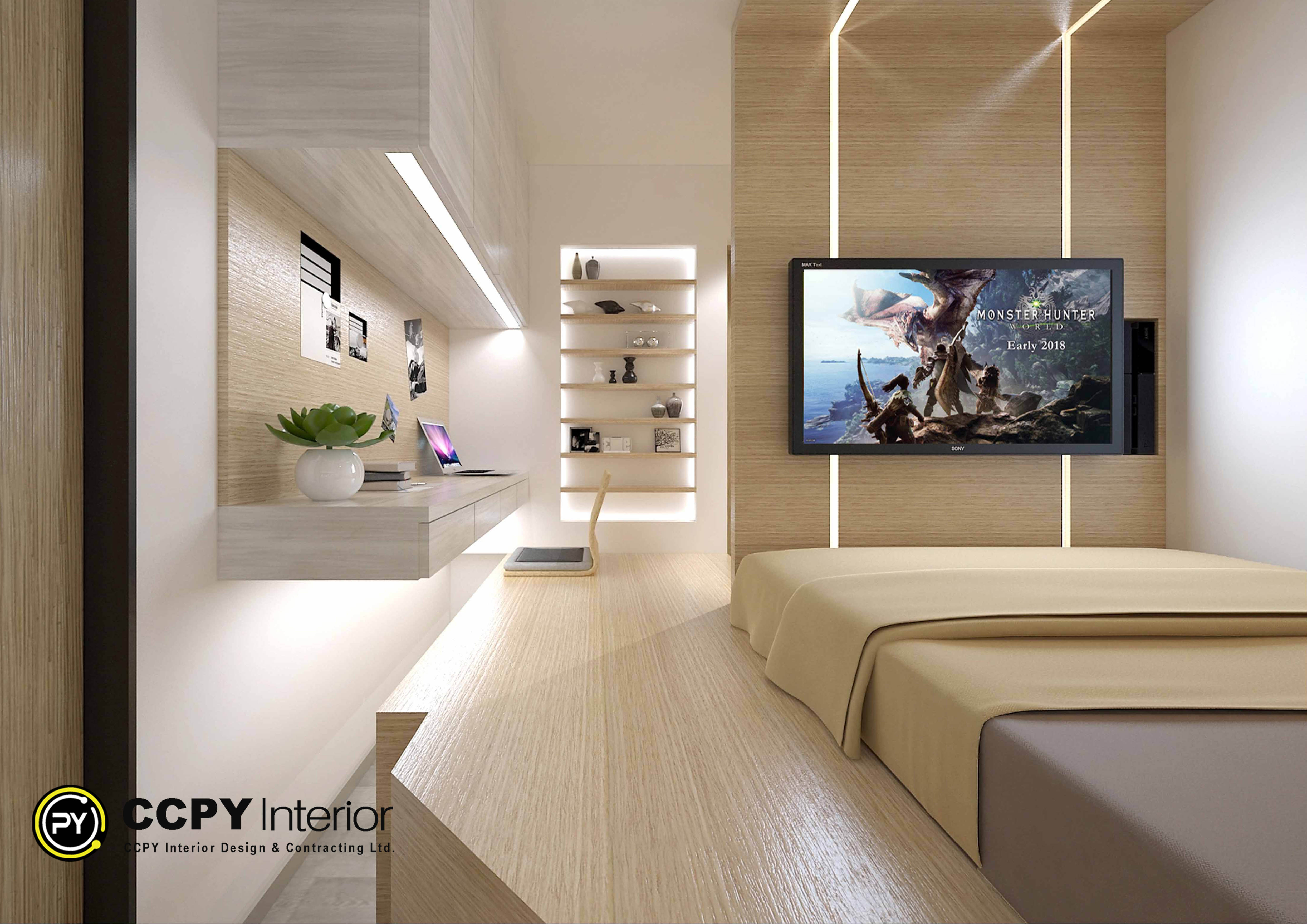 This is a modern Japanese-style platform bed designed by CCPY Interior Design featuring light wood panels and integrated lighting
