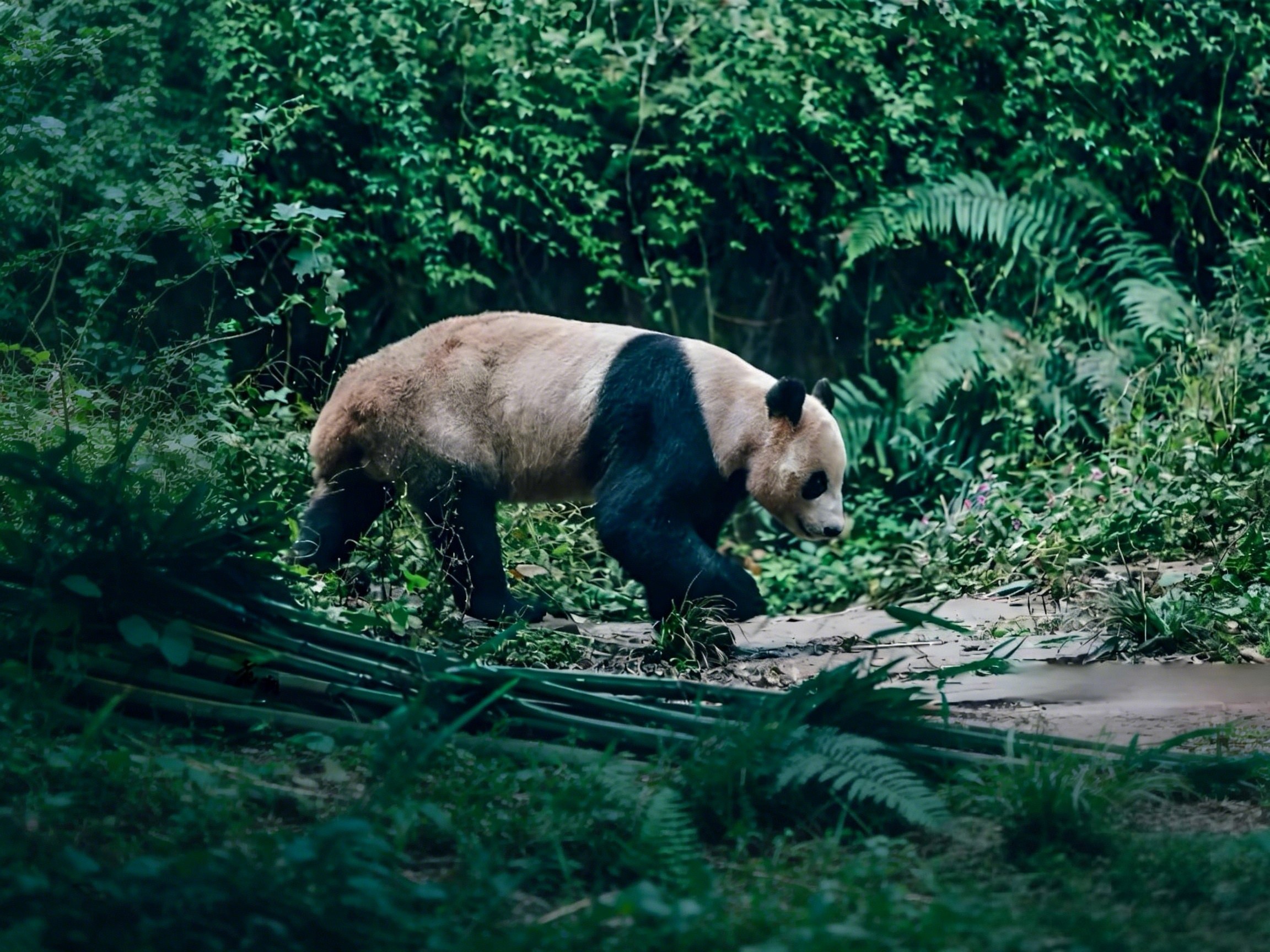 A giant panda sitting in its natural alpine habitat at Wolong Shenshuping Base with mountains in the background.