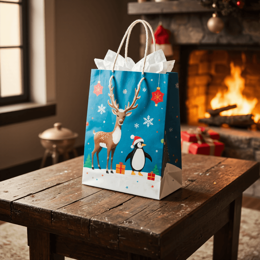 product photography of a decorative gift bag with a festive design