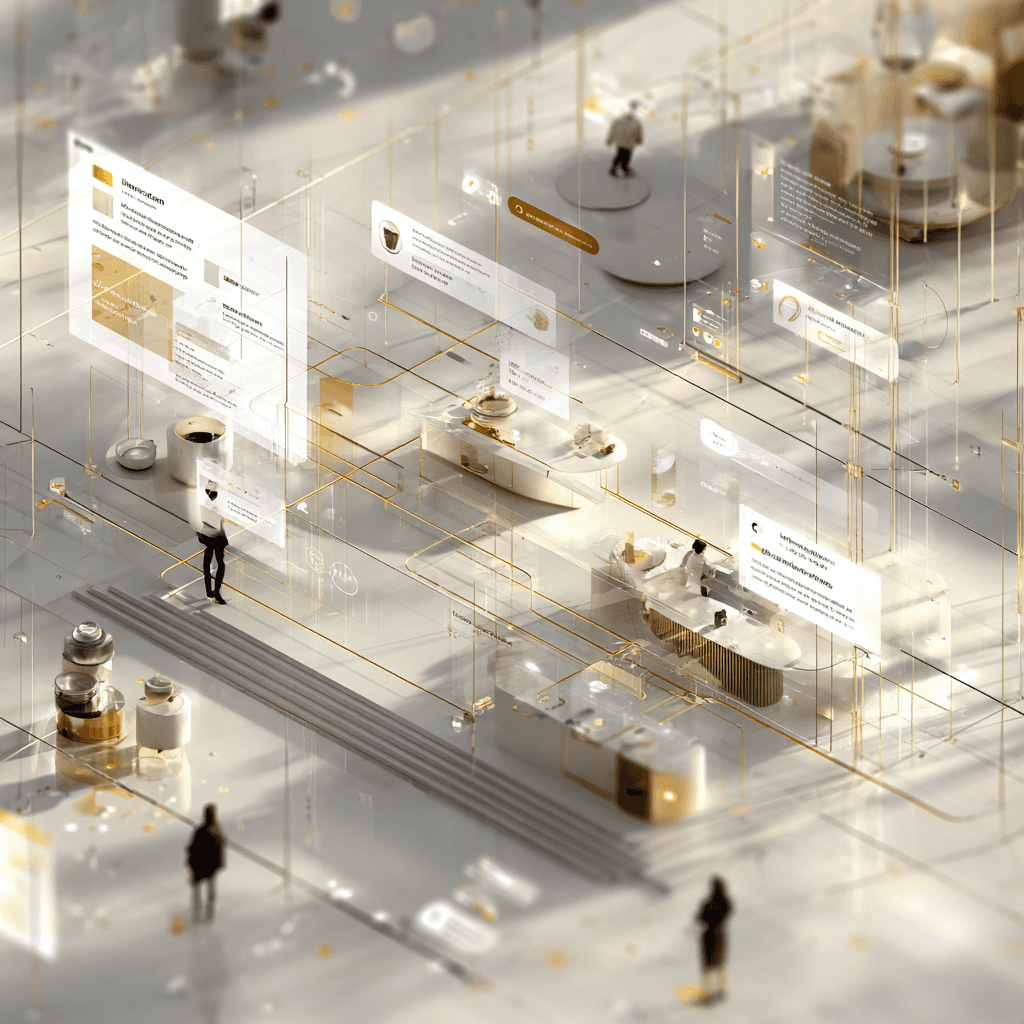 Illustrazione digitale minimalista che rappresenta l’analisi degli intenti dei clienti nell’era dell’intelligenza artificiale: interfaccia moderna, elementi visivi puliti, linee dati sottili e accenti caldi che esprimono connessione umana, fiducia ed empatia.
