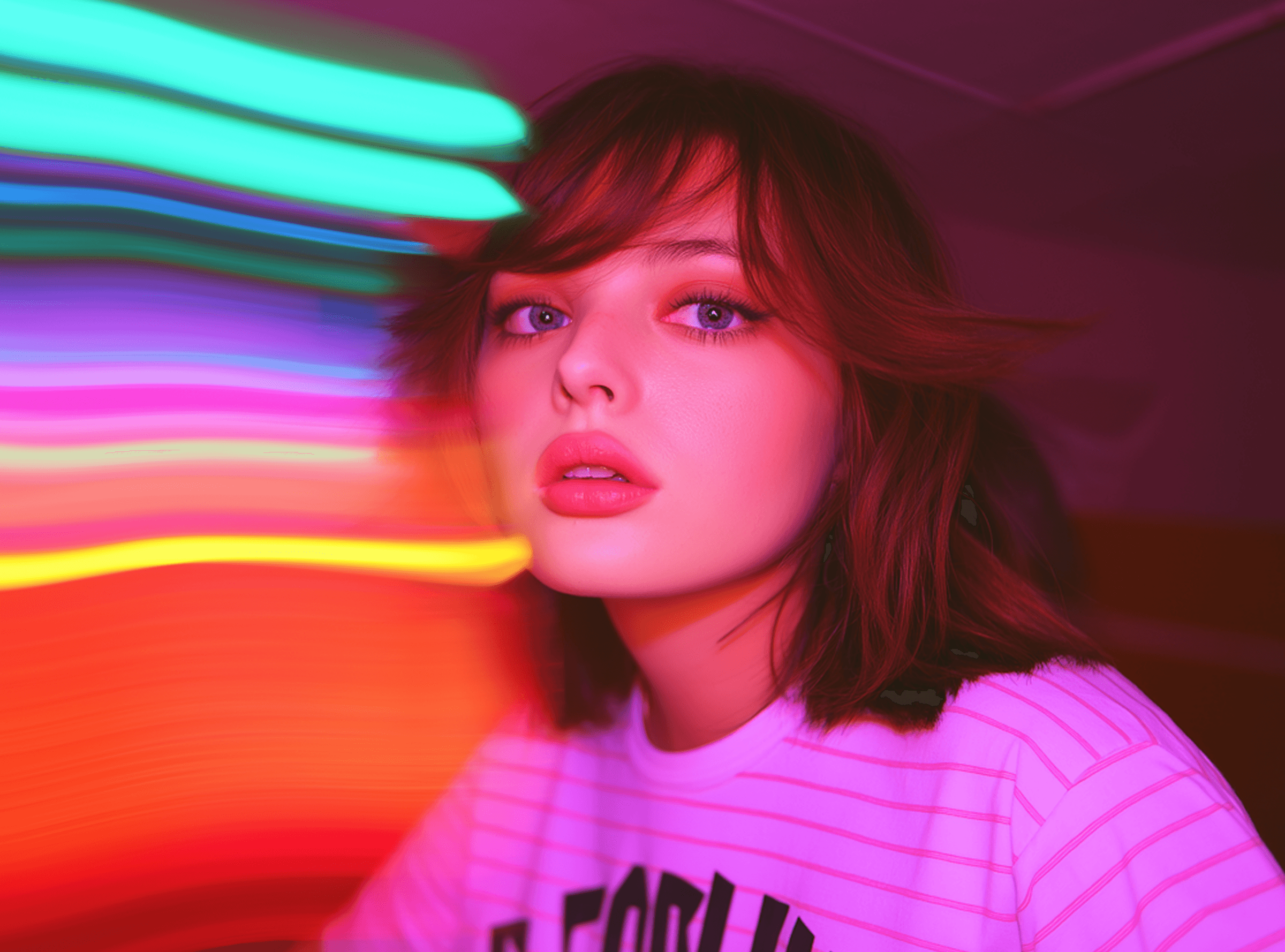 A woman is illuminated by a dazzling array of bright lights behind her, enhancing the visual impact of the scene.