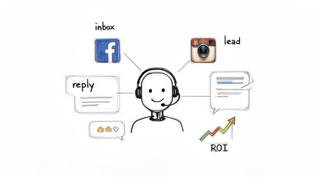 An AI chatbot with a headset manages social media interactions from Facebook and Instagram, generating replies and increasing ROI.