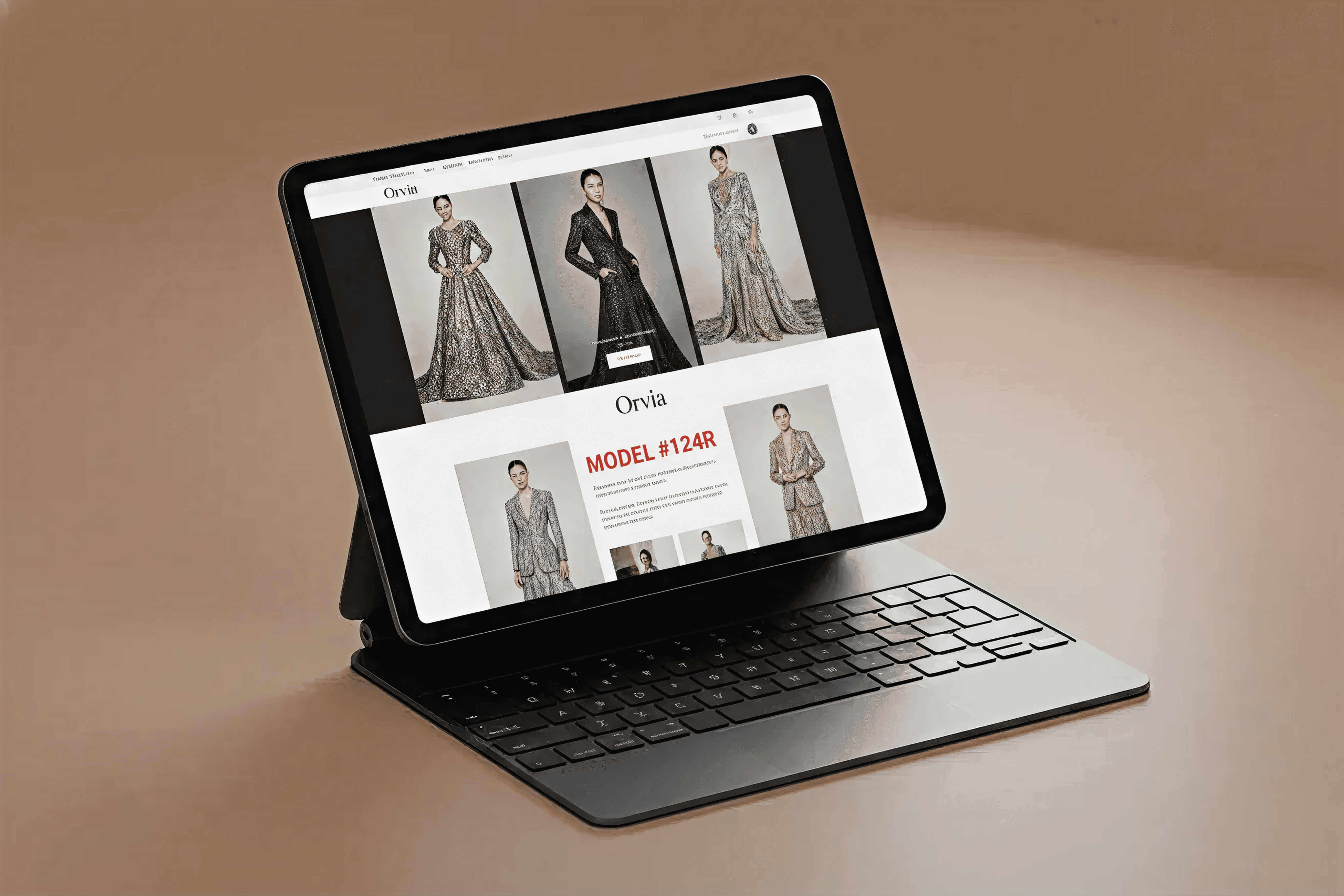 A tablet displays a fashion website with images of models wearing elegant dresses