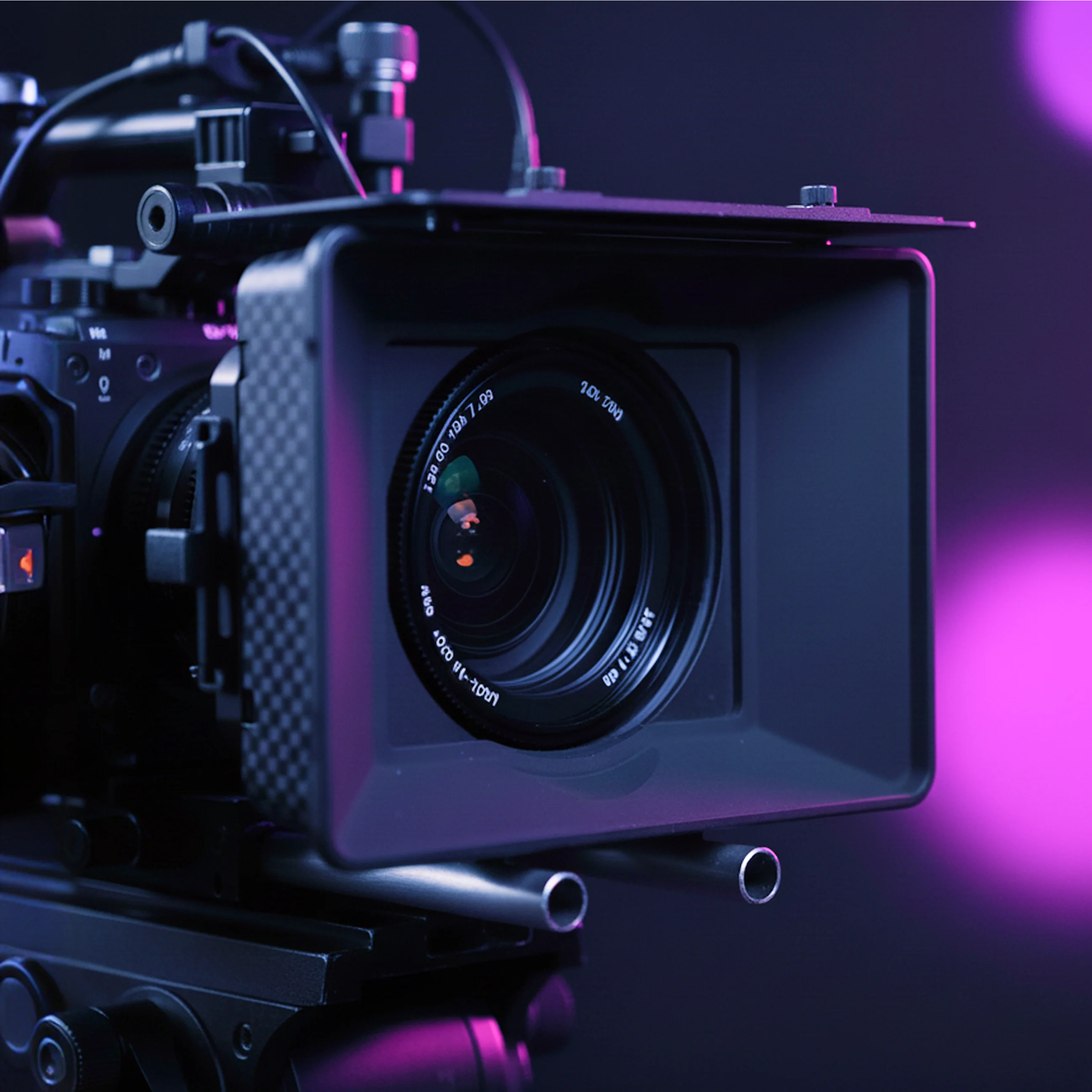 Close-up of a professional cinema camera with a matte box in a purple-lit studio