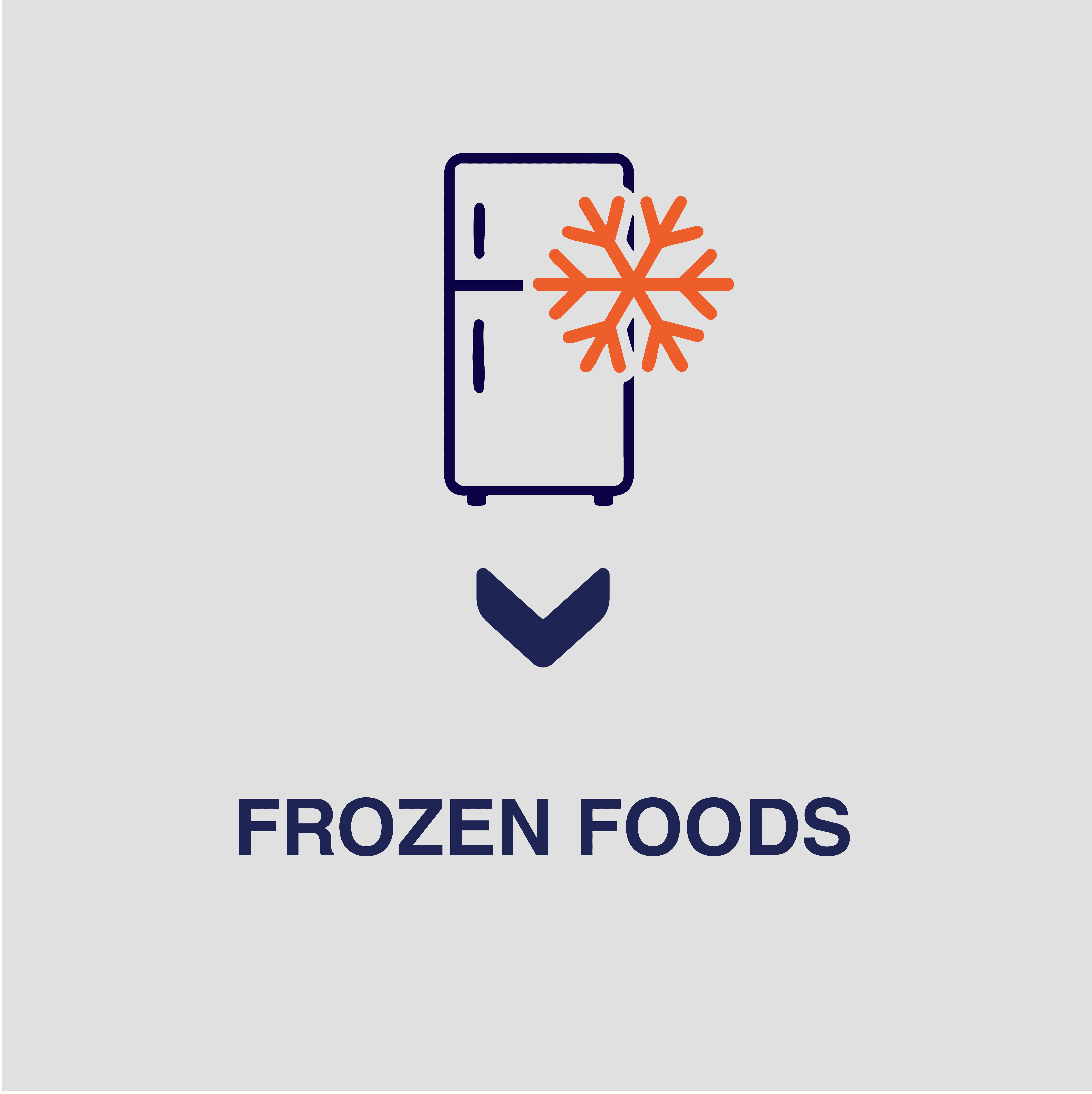 icon of a blue refridgerator with and orange snowflake next to it on a white background with blue text that says frozen foods